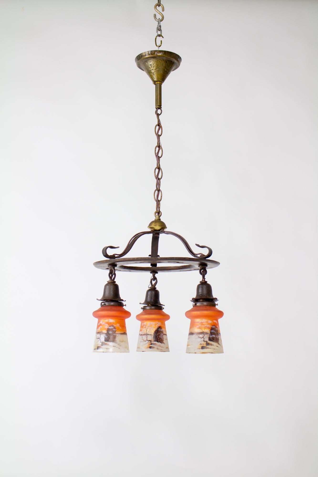 Early 20th Century Arts and Crafts Chandelier with Orange Painted Glass In Good Condition For Sale In Canton, MA