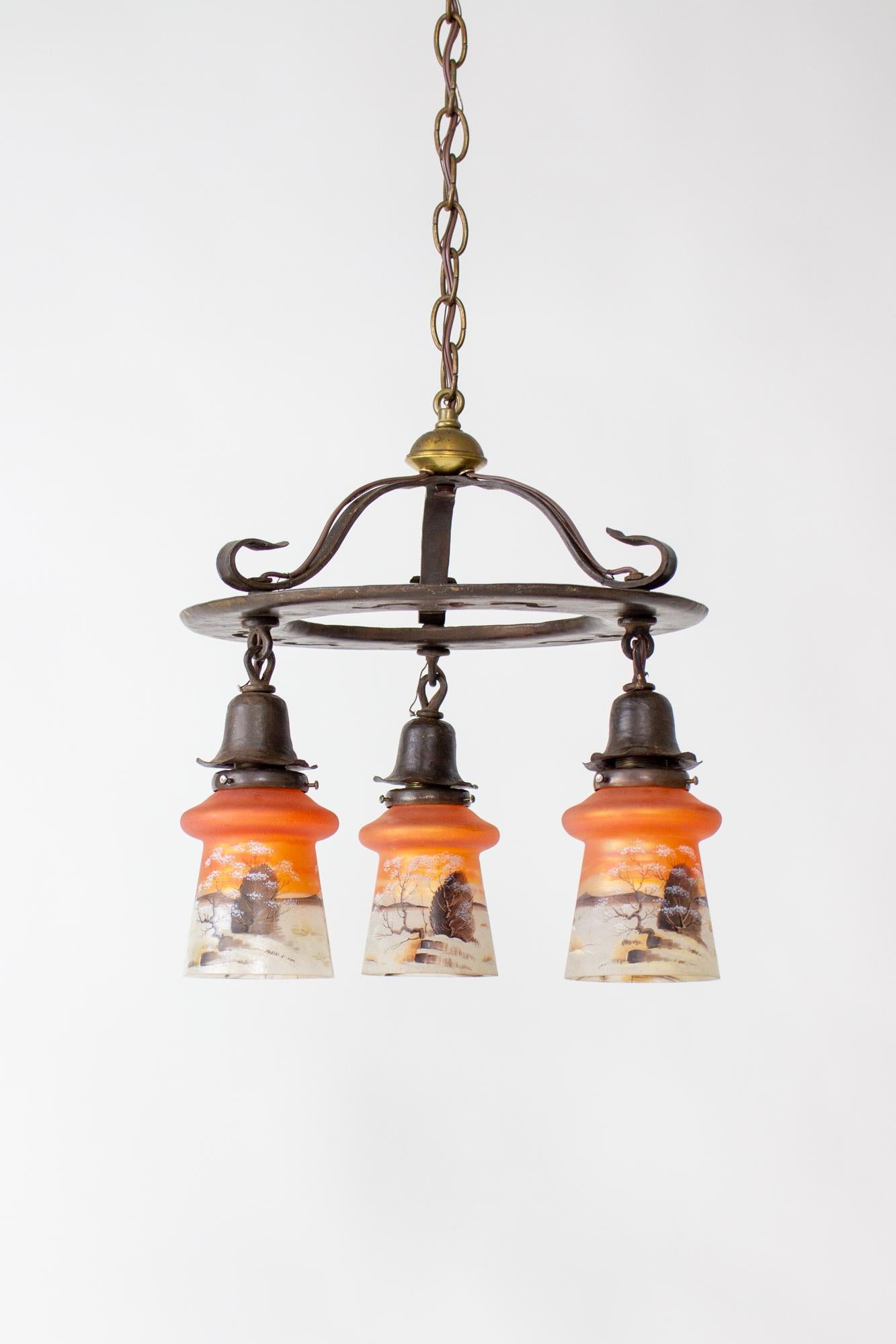 Brass Early 20th Century Arts and Crafts Chandelier with Orange Painted Glass For Sale