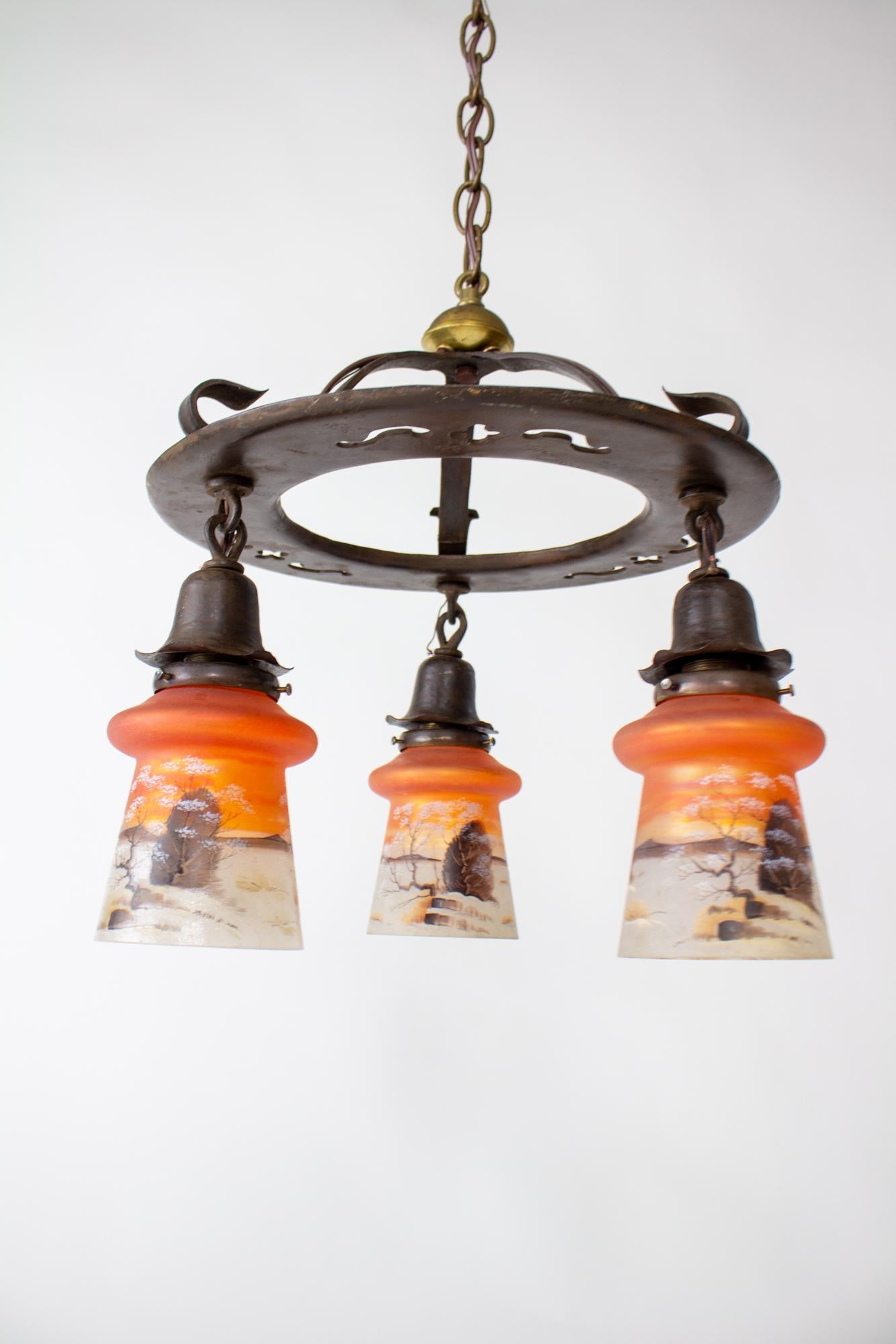 Early 20th Century Arts and Crafts Chandelier with Orange Painted Glass For Sale 1