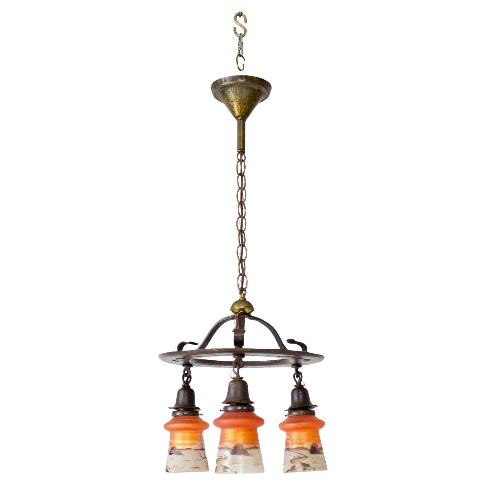 Early 20th Century Arts and Crafts Chandelier with Orange Painted Glass For Sale