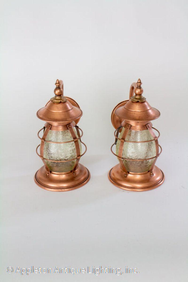 Arts and Crafts Early 20th Century Arts & Crafts Copper Exterior Sconces with Amber Glass