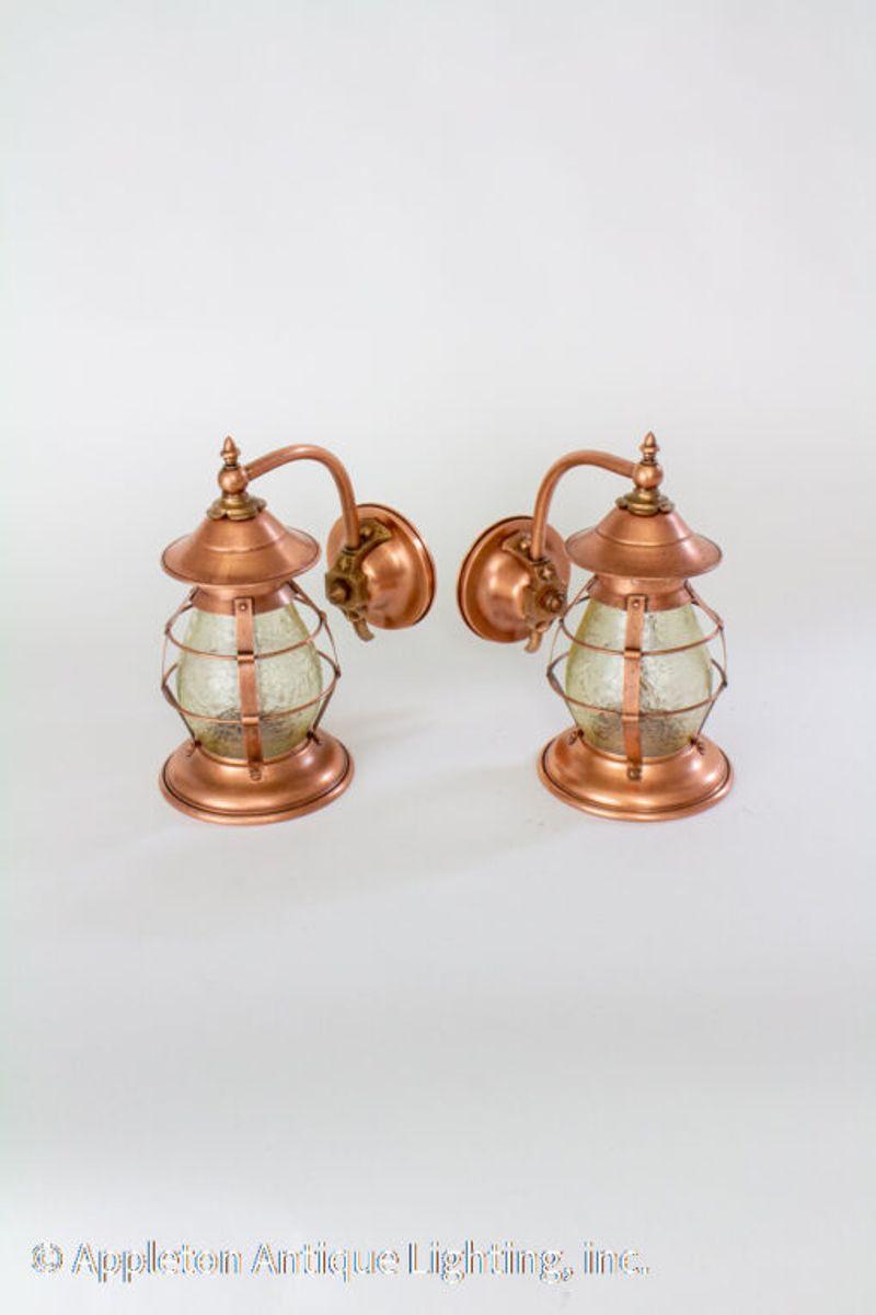 American Early 20th Century Arts & Crafts Copper Exterior Sconces with Amber Glass