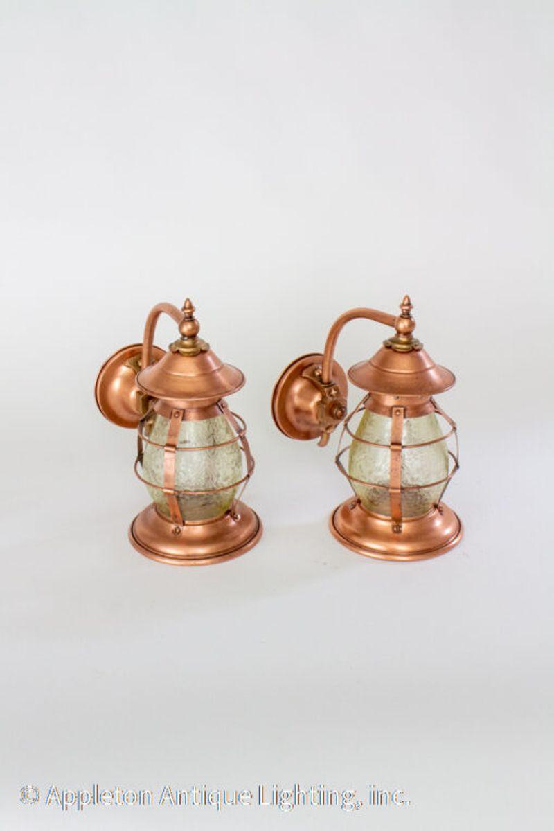 Early 20th Century Arts & Crafts Copper Exterior Sconces with Amber Glass In Excellent Condition In Canton, MA