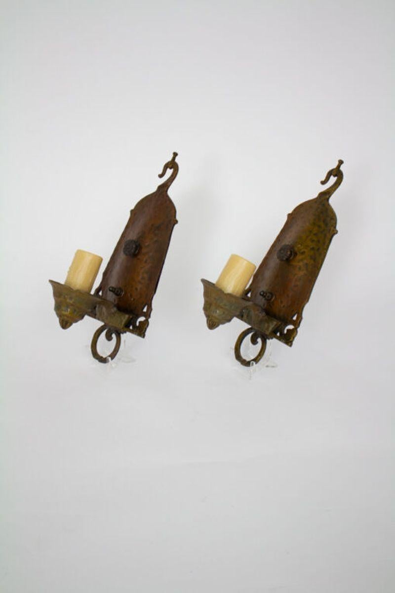 Spanish Colonial Early 20th Century Arts & Crafts Hammered Metal Sconces, a Pair For Sale