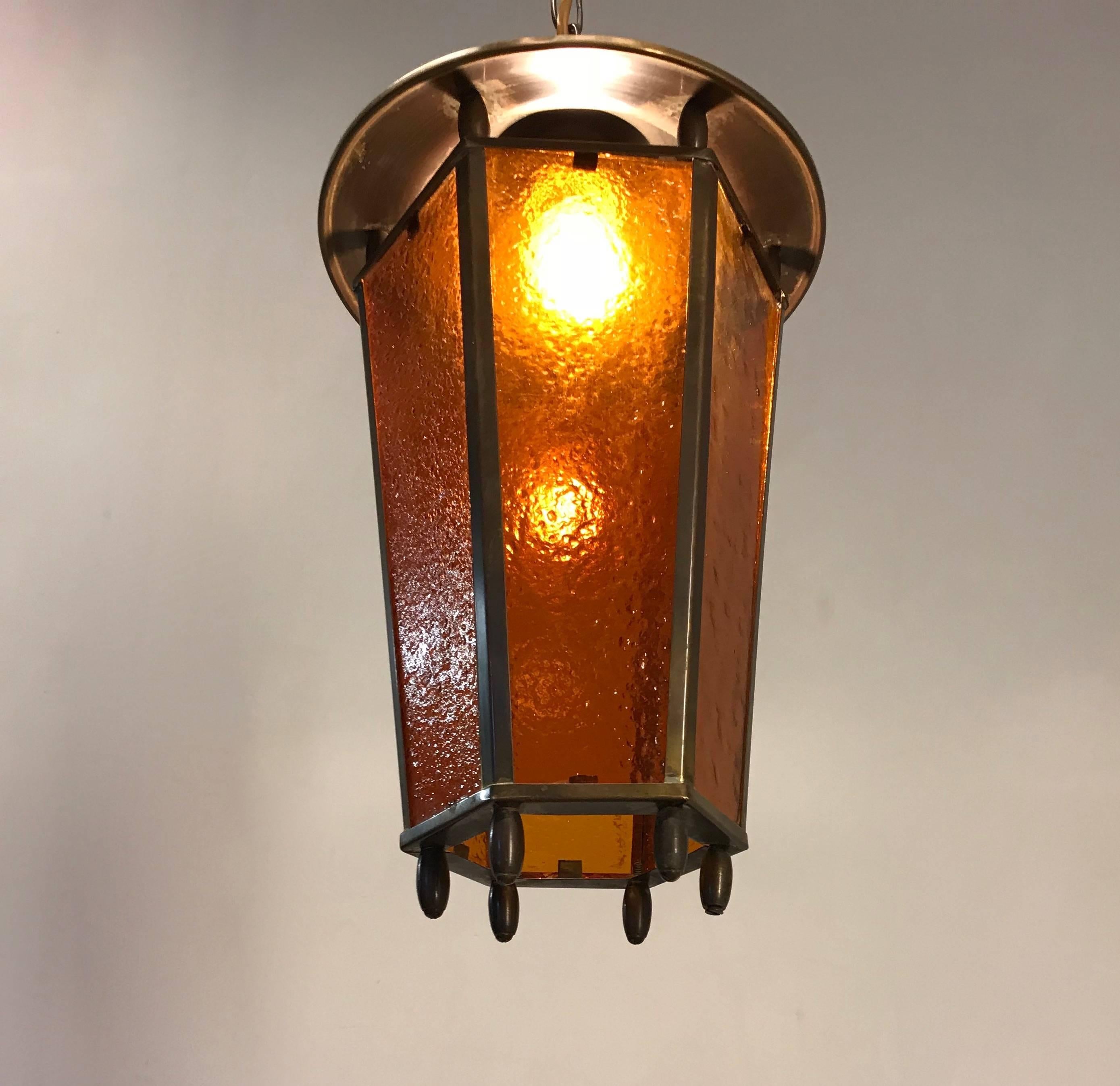 Early 20th Century Arts & Crafts Long Shape Orange Amber Lantern Lamp Pendant 3