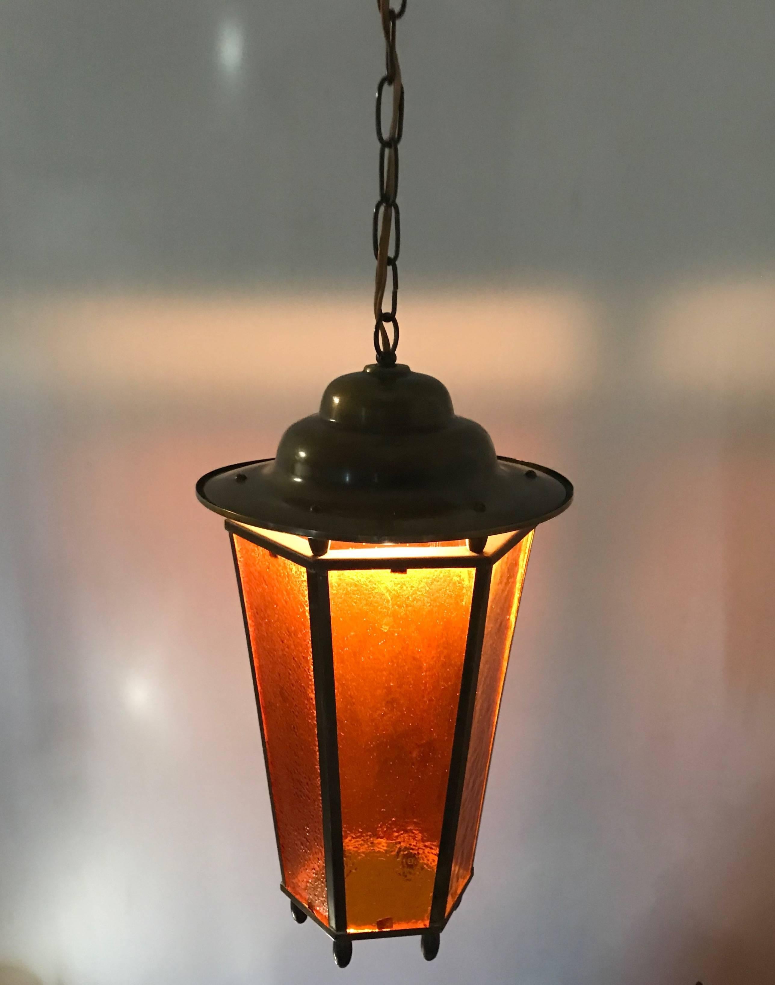 Early 20th Century Arts & Crafts Long Shape Orange Amber Lantern Lamp Pendant 4