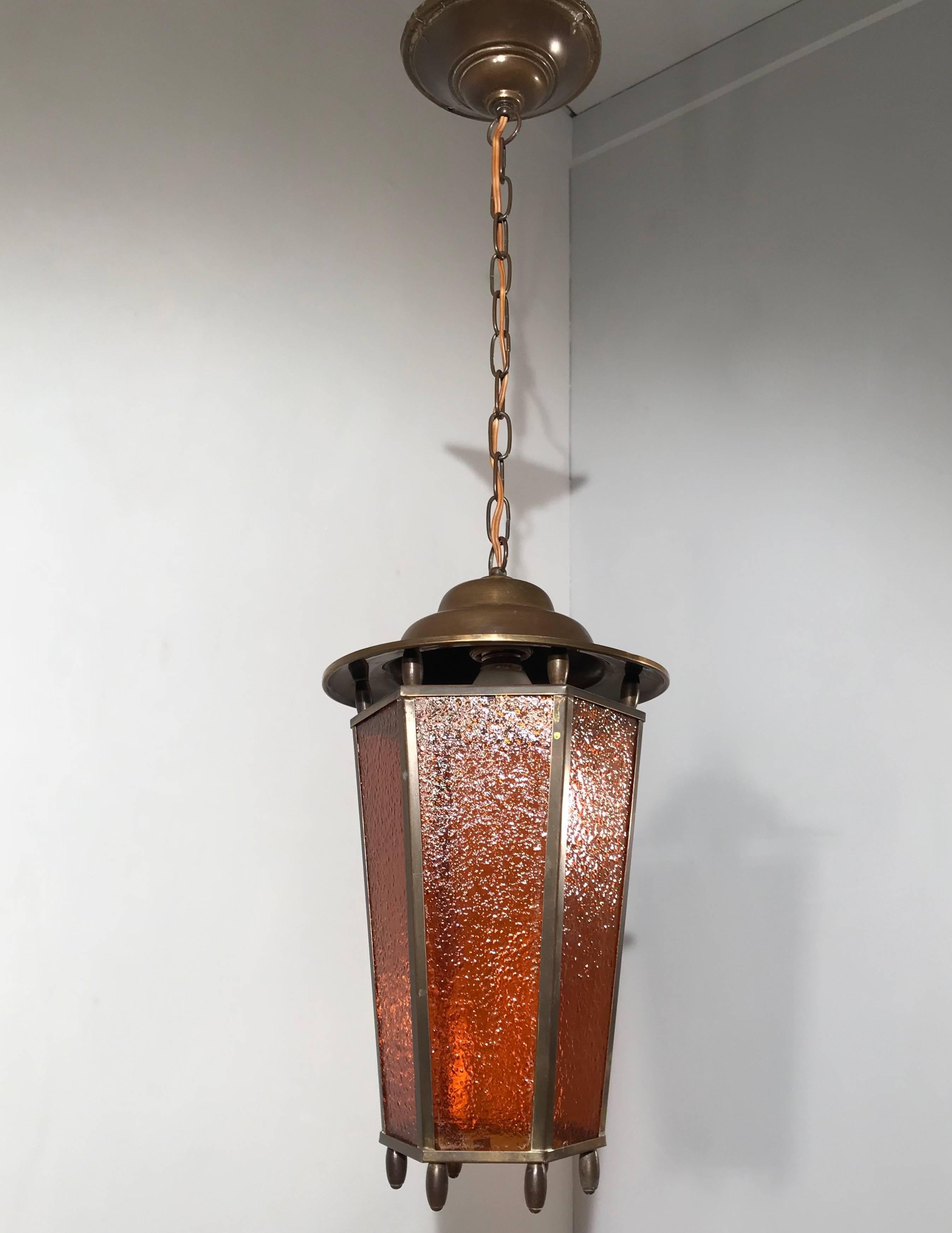 Arts and Crafts Early 20th Century Arts & Crafts Long Shape Orange Amber Lantern Lamp Pendant