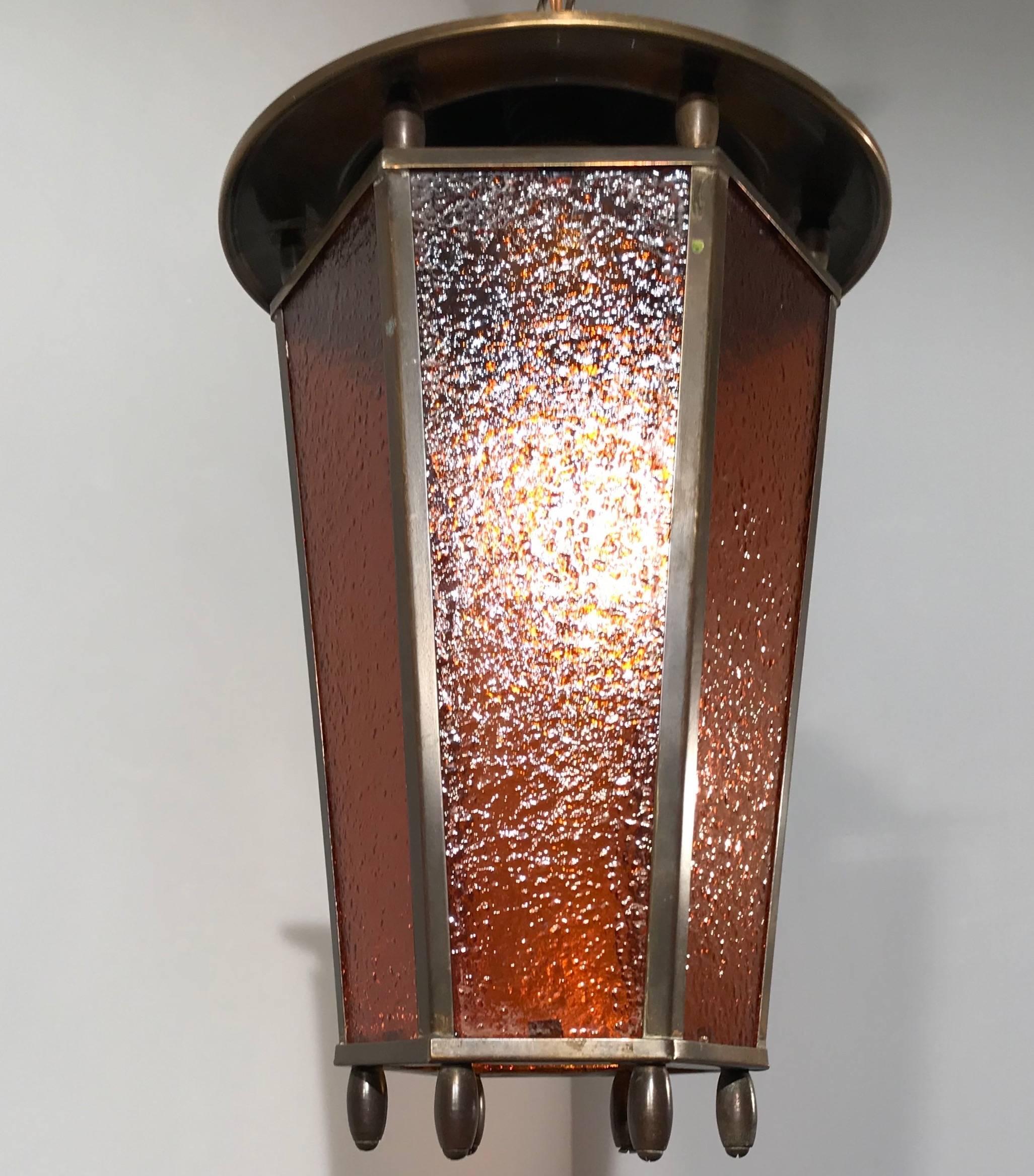 Dutch Early 20th Century Arts & Crafts Long Shape Orange Amber Lantern Lamp Pendant