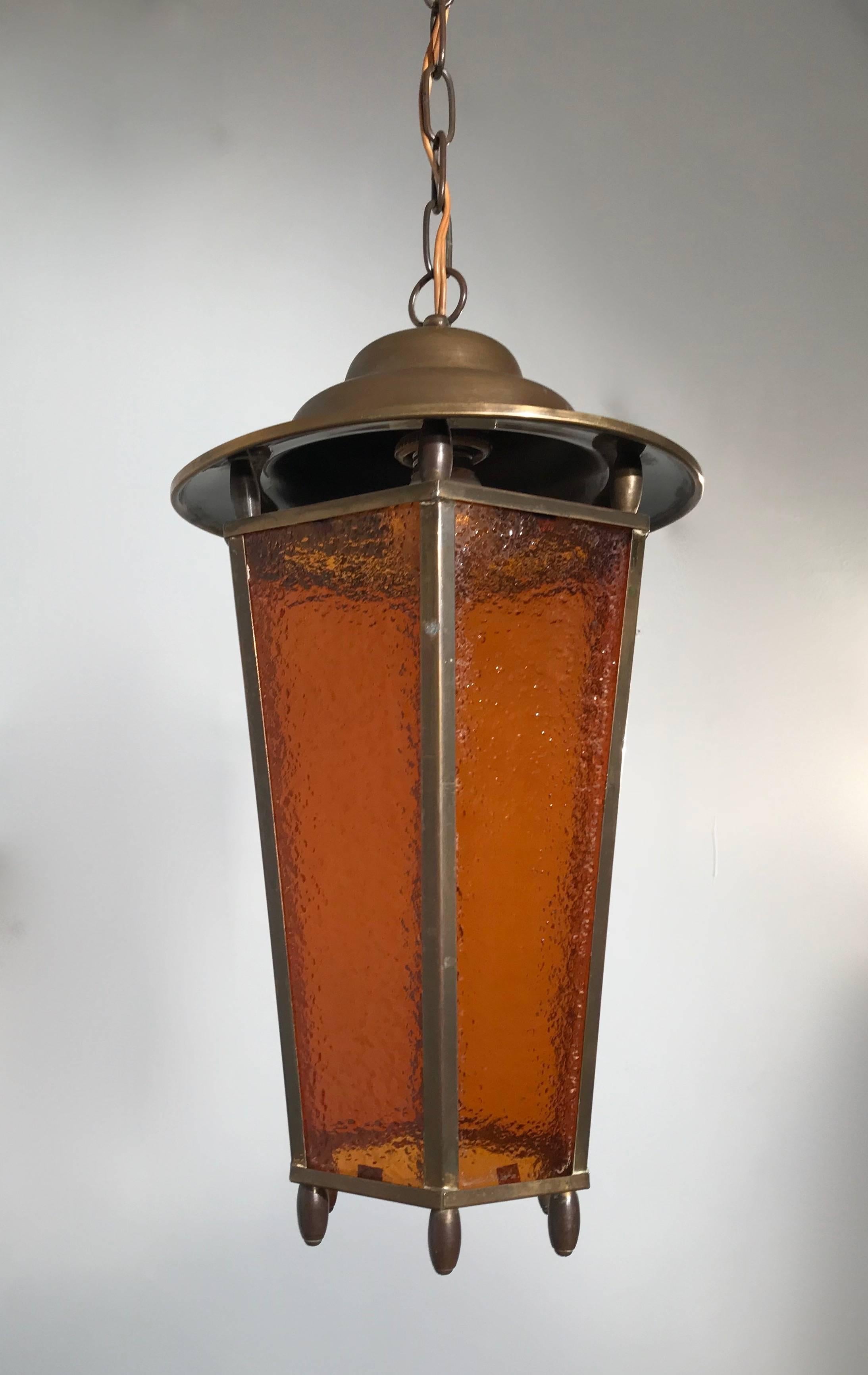 Patinated Early 20th Century Arts & Crafts Long Shape Orange Amber Lantern Lamp Pendant