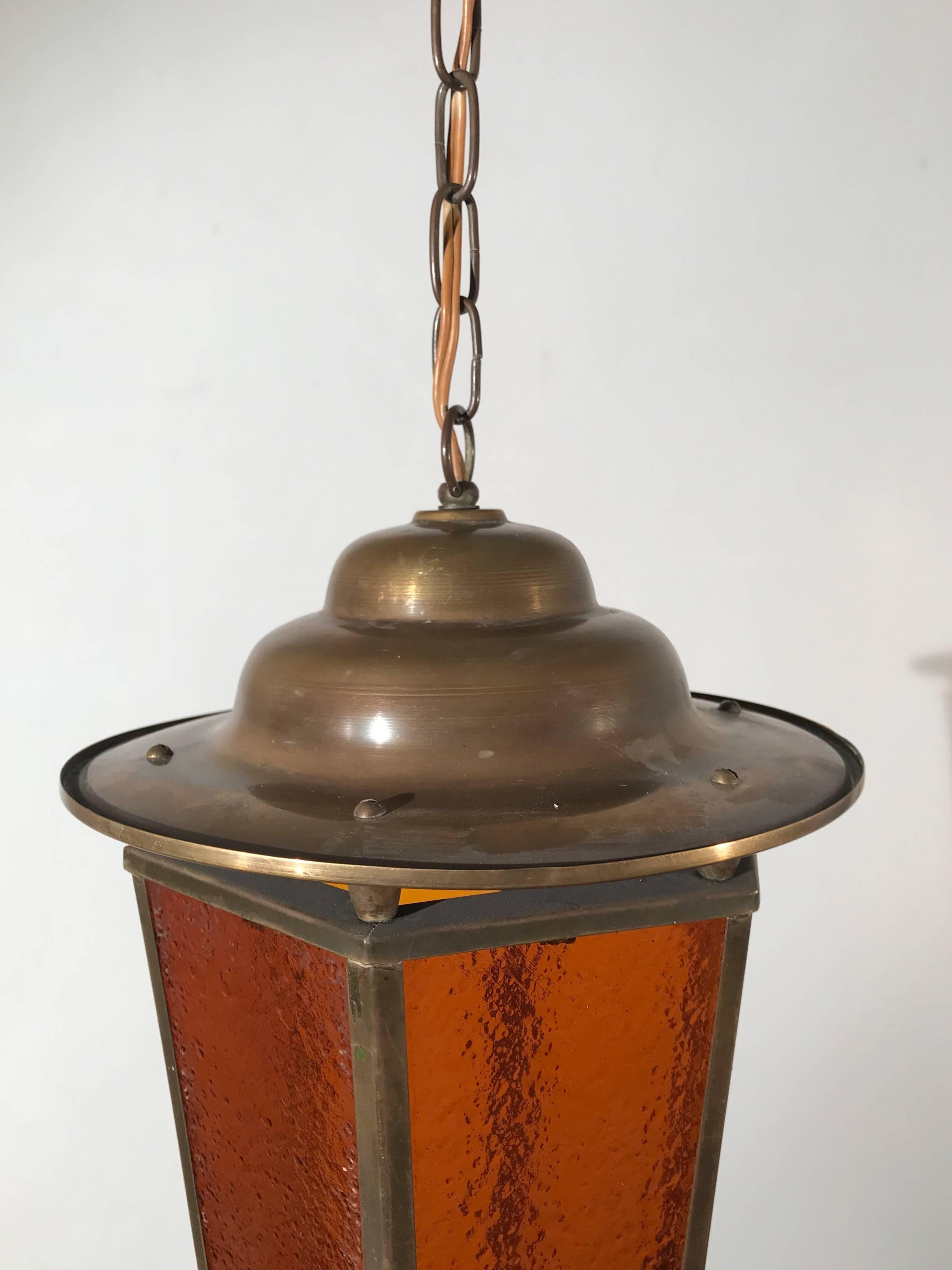 Early 20th Century Arts & Crafts Long Shape Orange Amber Lantern Lamp Pendant In Excellent Condition In Lisse, NL