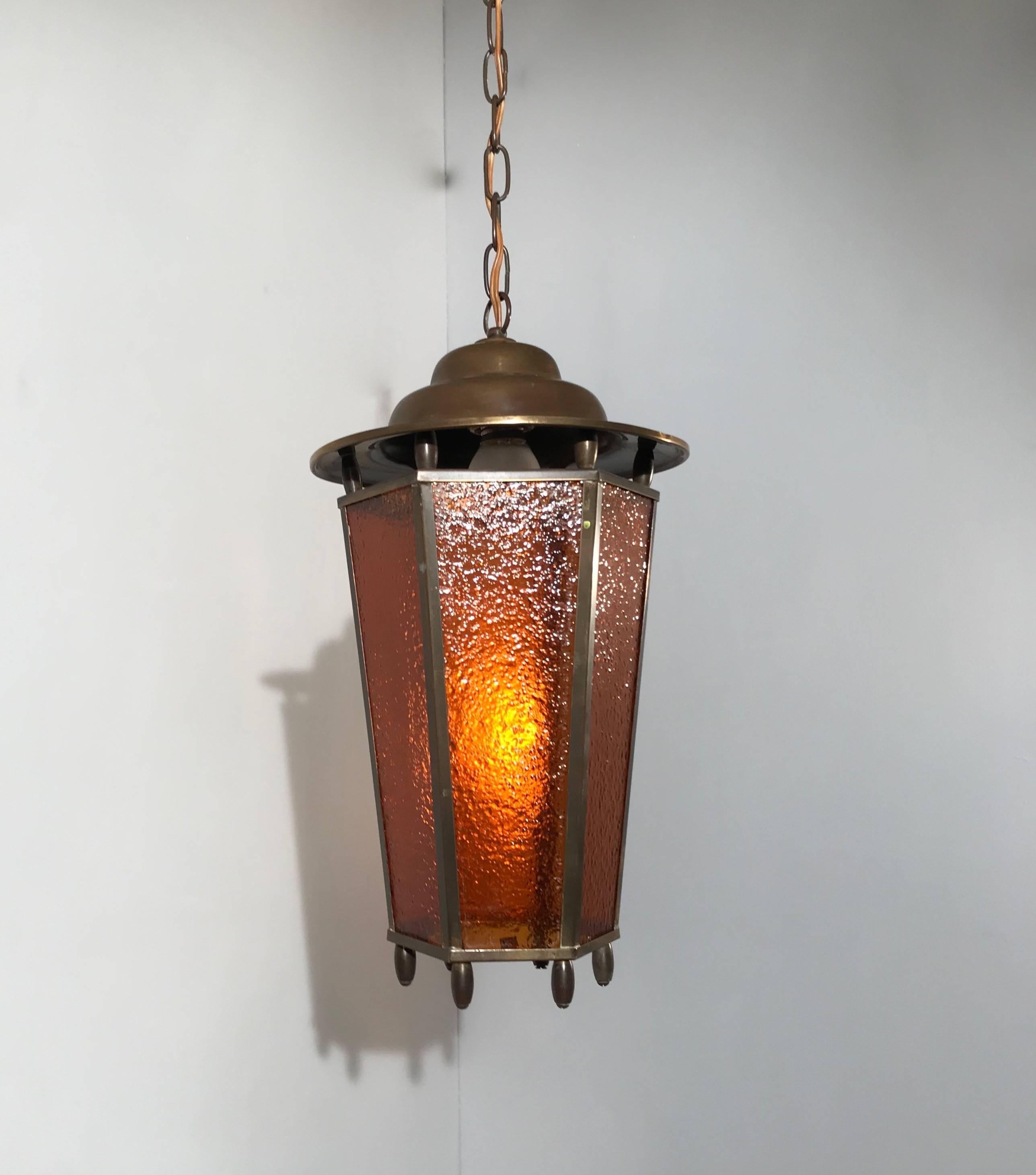 Glass Early 20th Century Arts & Crafts Long Shape Orange Amber Lantern Lamp Pendant