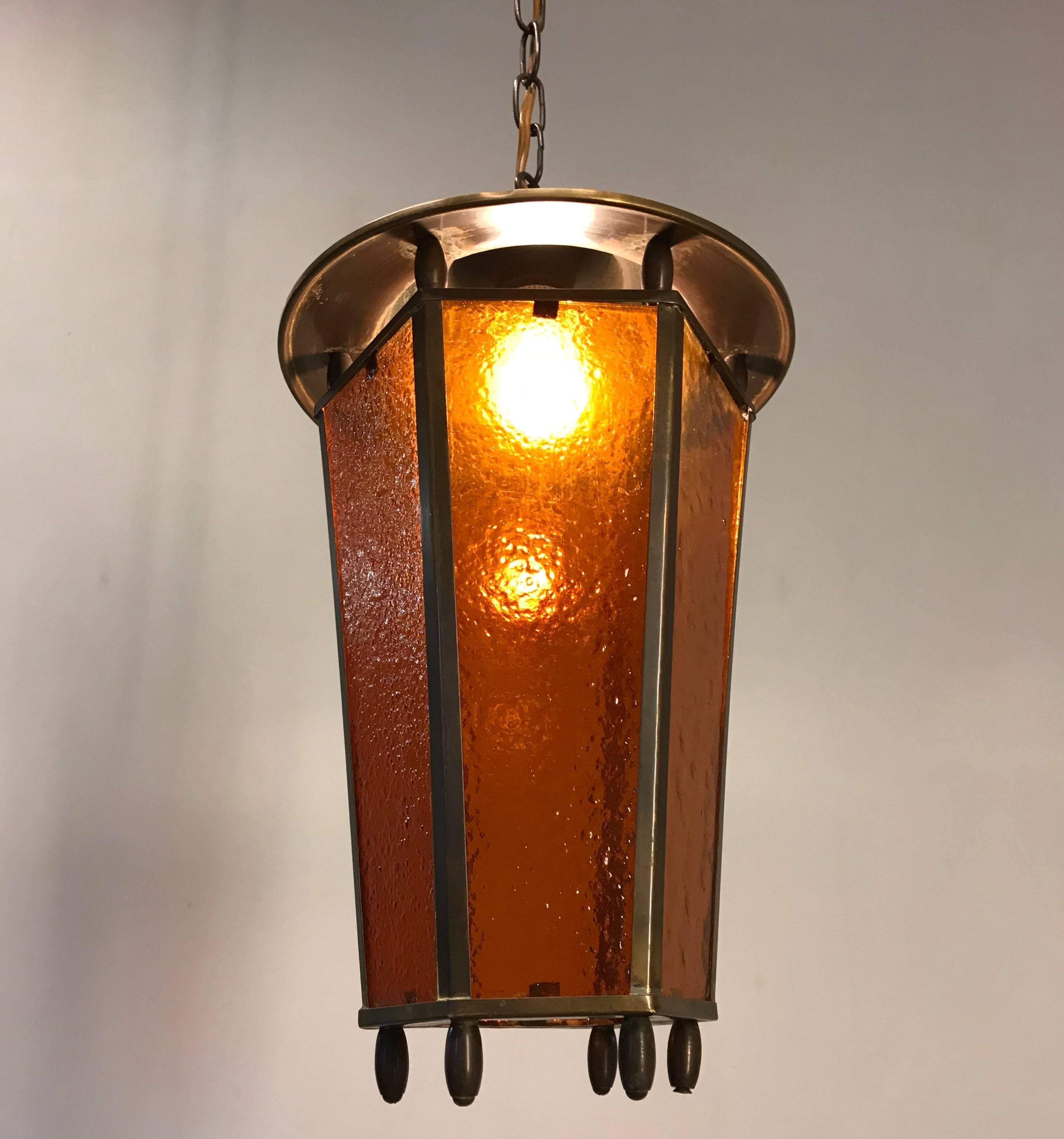 Early 20th Century Arts & Crafts Long Shape Orange Amber Lantern Lamp Pendant 1