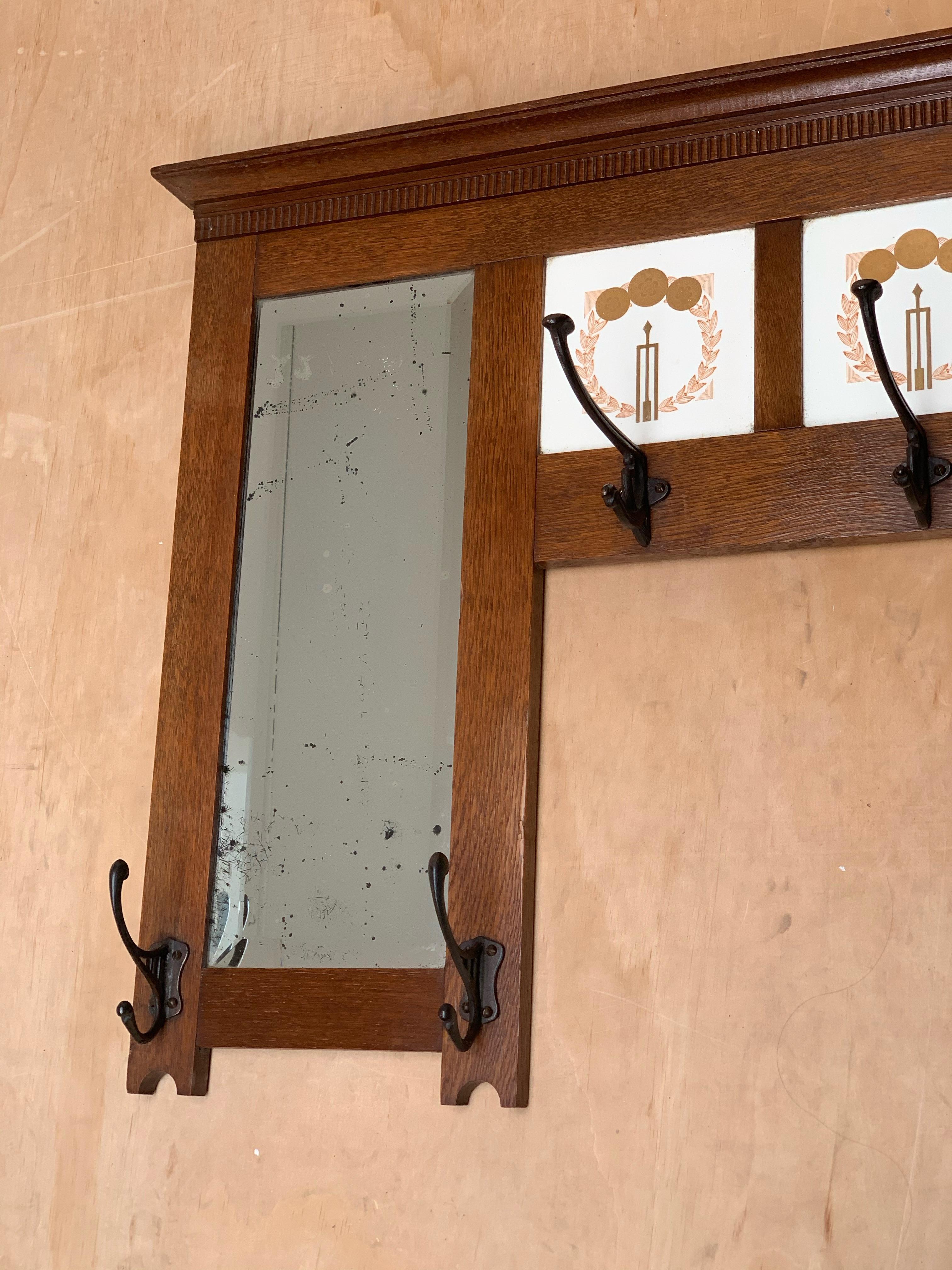 circa 1910 Arts & Crafts Oak Wall Coat Rack, Beveled Mirror & Hand Painted Tiles For Sale 9