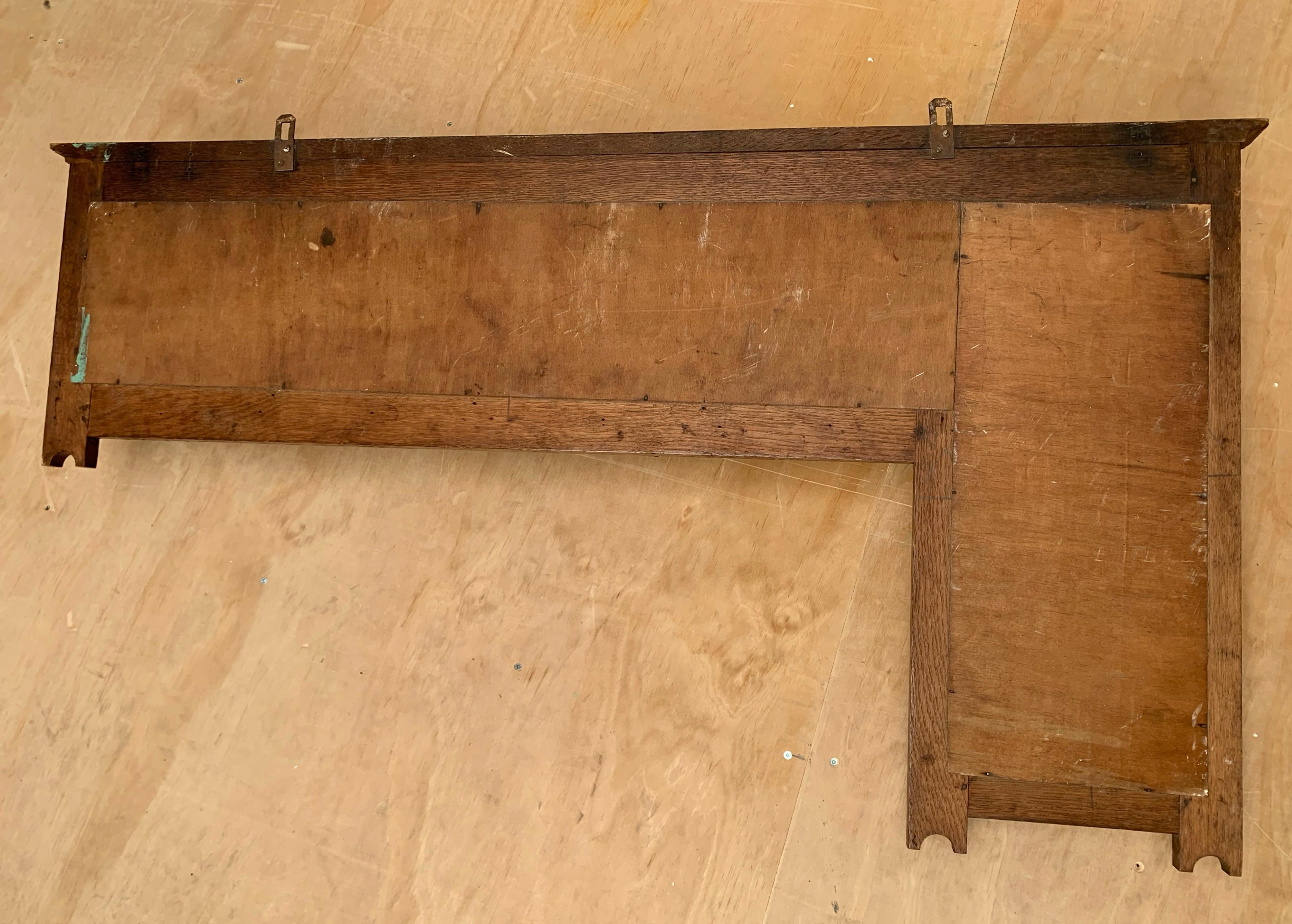 circa 1910 Arts & Crafts Oak Wall Coat Rack, Beveled Mirror & Hand Painted Tiles For Sale 10