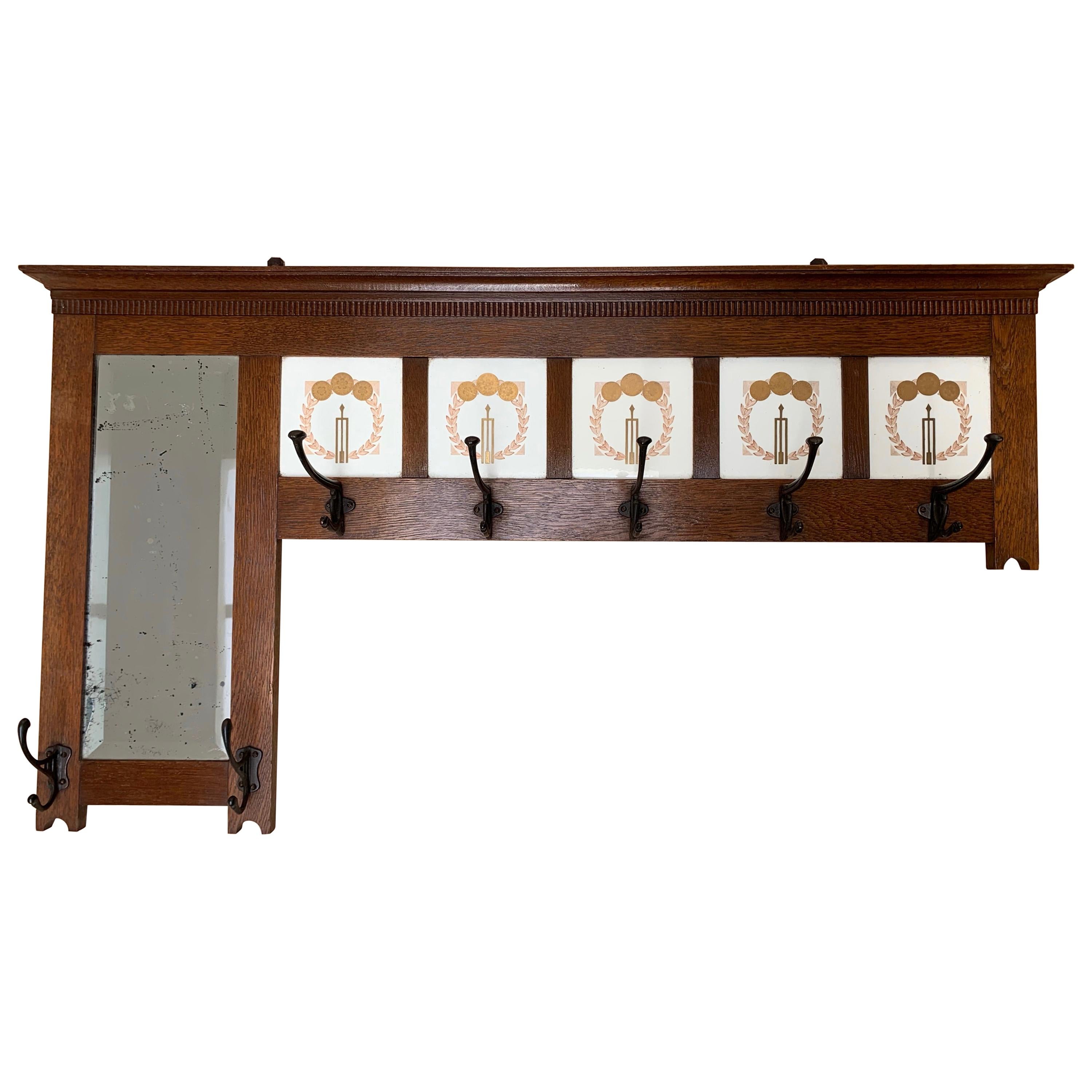 circa 1910 Arts & Crafts Oak Wall Coat Rack, Beveled Mirror & Hand Painted Tiles