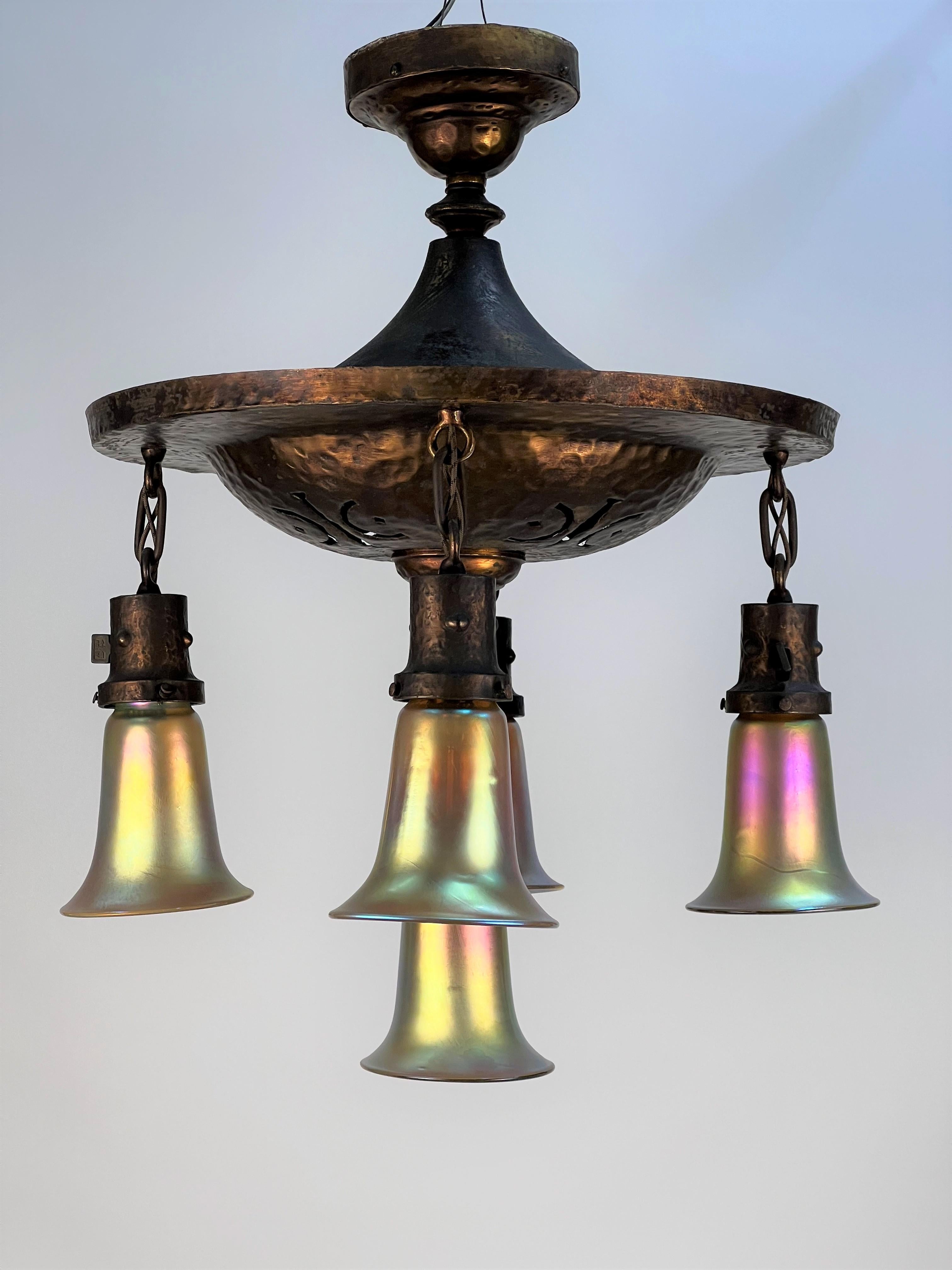 Arts and Crafts Early 20th Century Arts & Crafts 5 Light Pendant with Art Glass Shades