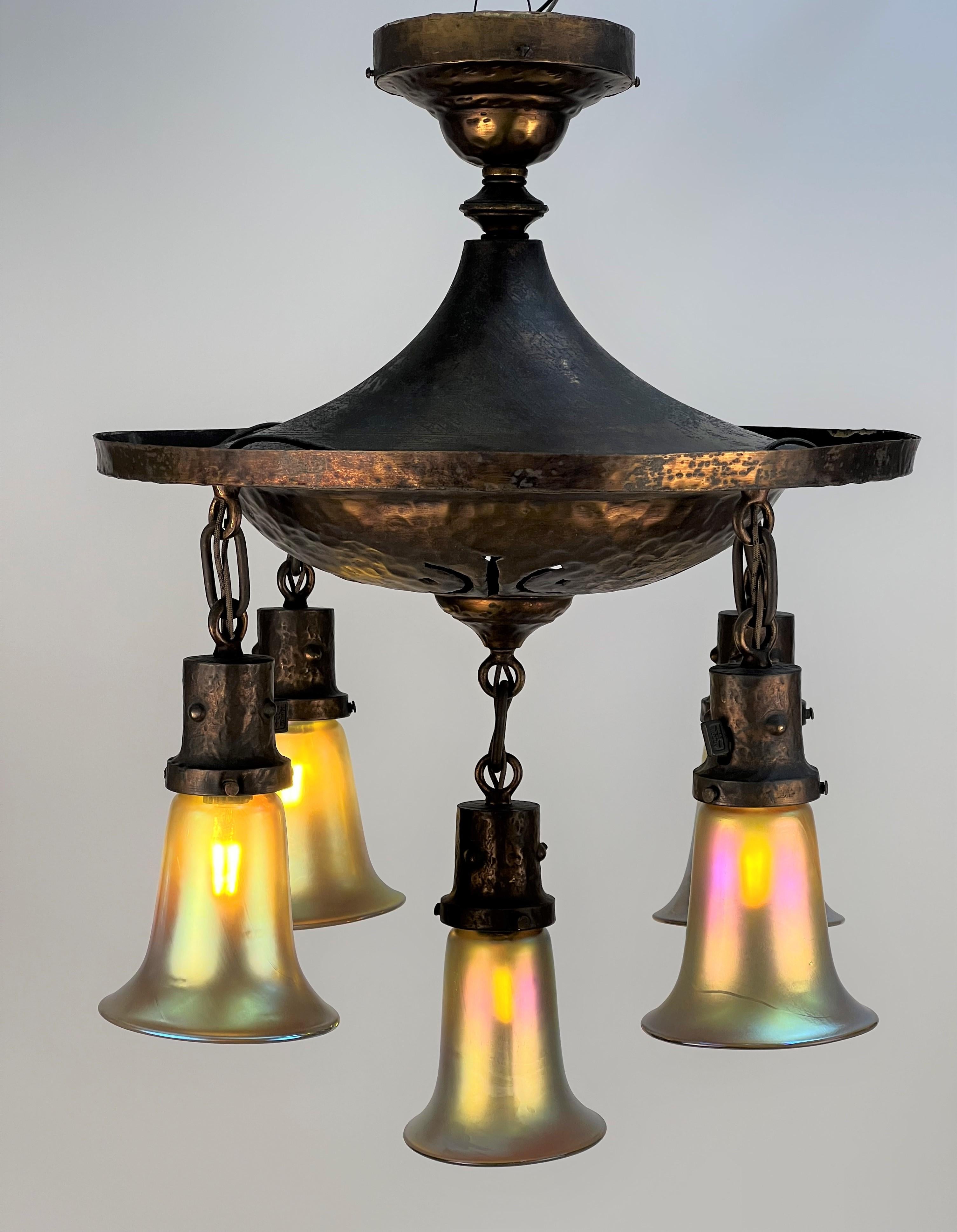 Early 20th Century Arts & Crafts 5 Light Pendant with Art Glass Shades 2