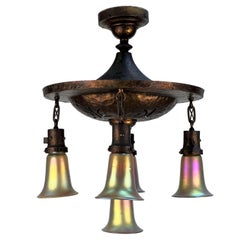 Early 20th Century Arts & Crafts 5 Light Pendant with Art Glass Shades