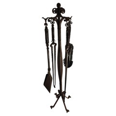 Used Early 20th Century Arts & Crafts 5 Piece Hand Wrought Fireplace Tool Set