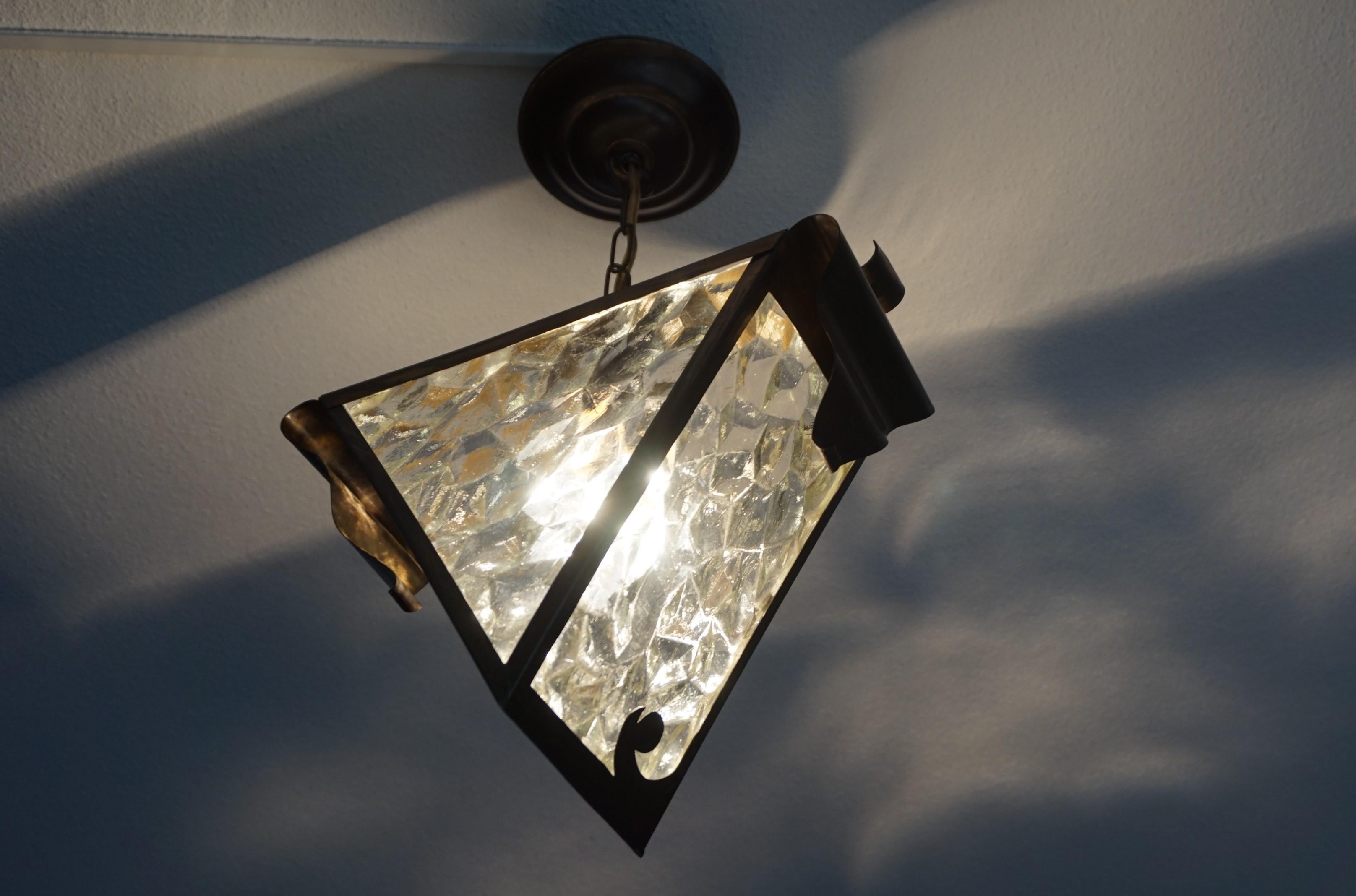 Early 20th Century Arts & Crafts Brass and Glass Light Fixture / Pendant Lamp 9