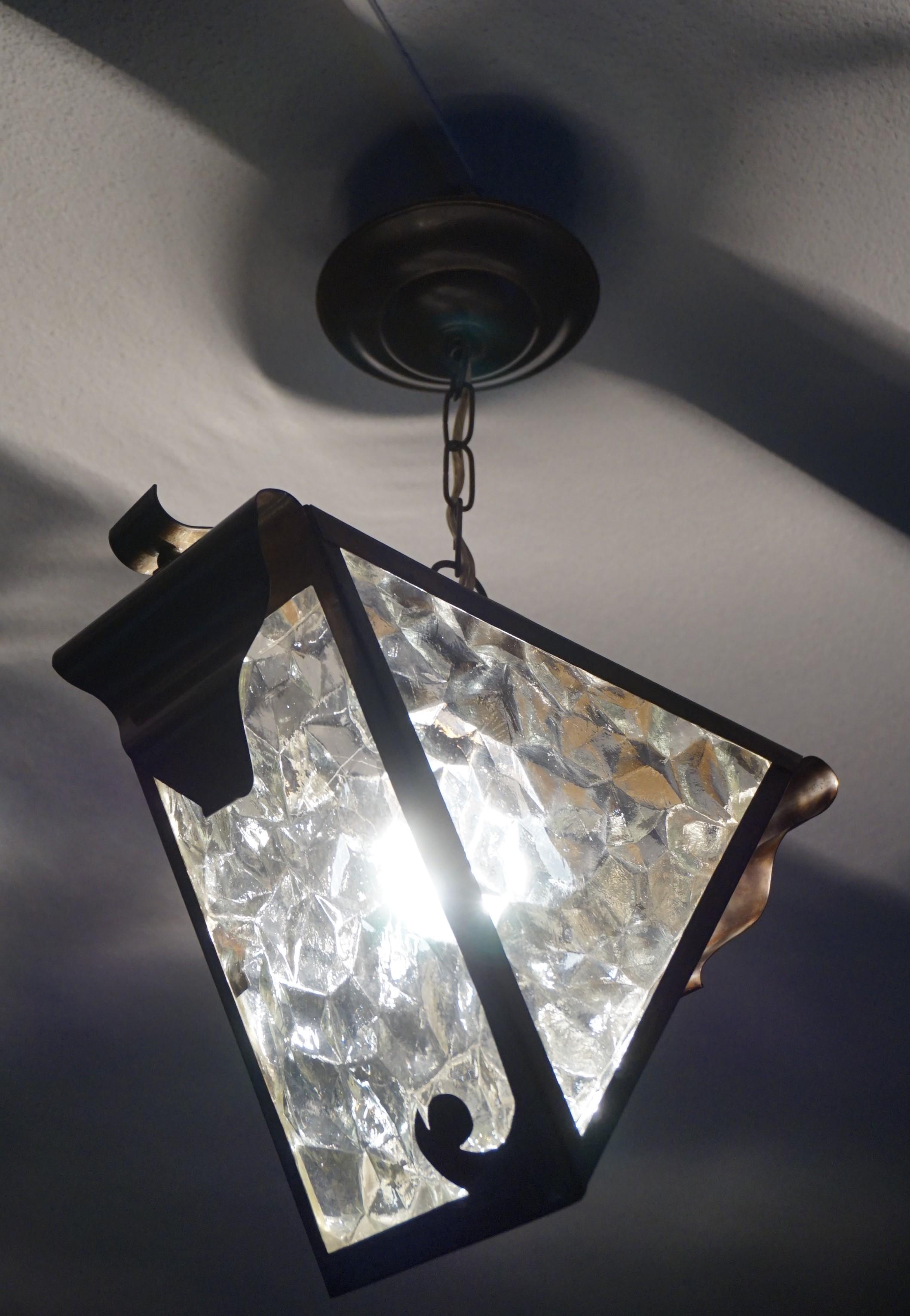 Arts and Crafts Early 20th Century Arts & Crafts Brass and Glass Light Fixture / Pendant Lamp