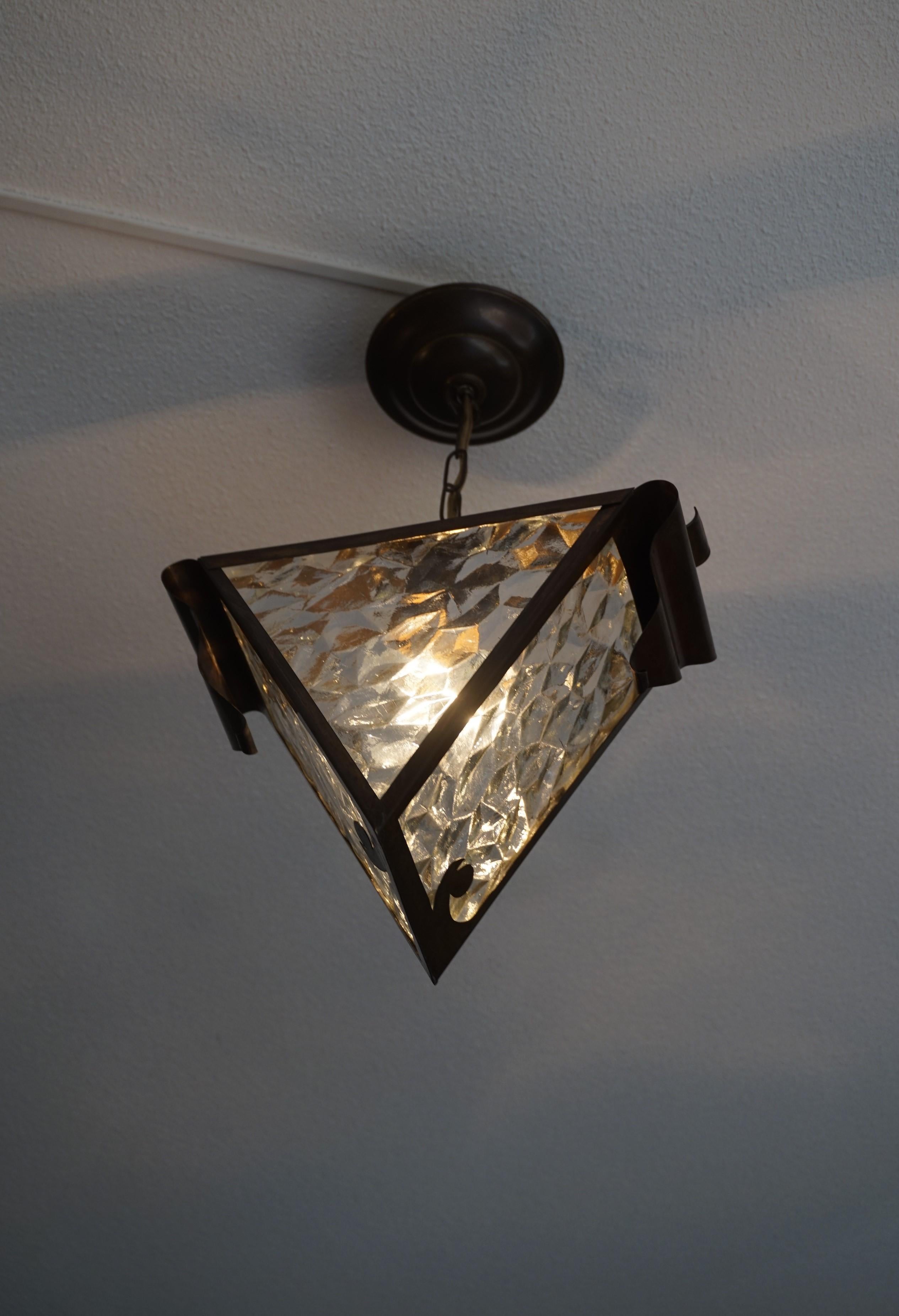 Early 20th Century Arts & Crafts Brass and Glass Light Fixture / Pendant Lamp 3
