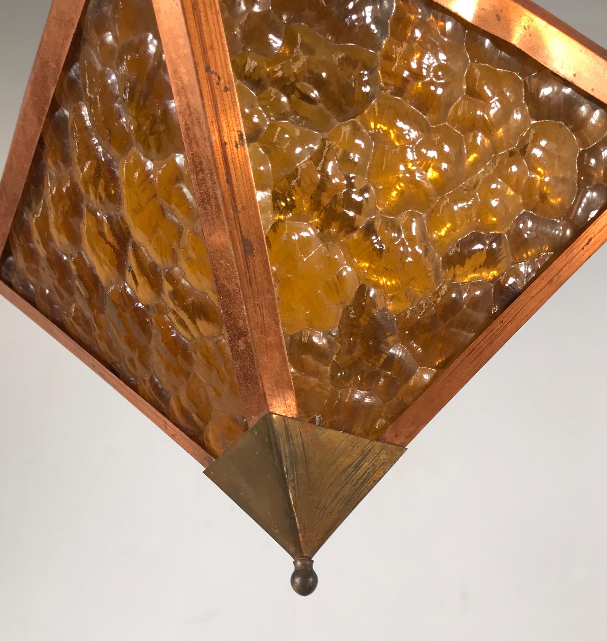 Early 20th Century Arts & Crafts Copper and Glass Cube Shape Pendant Light Lamp 4