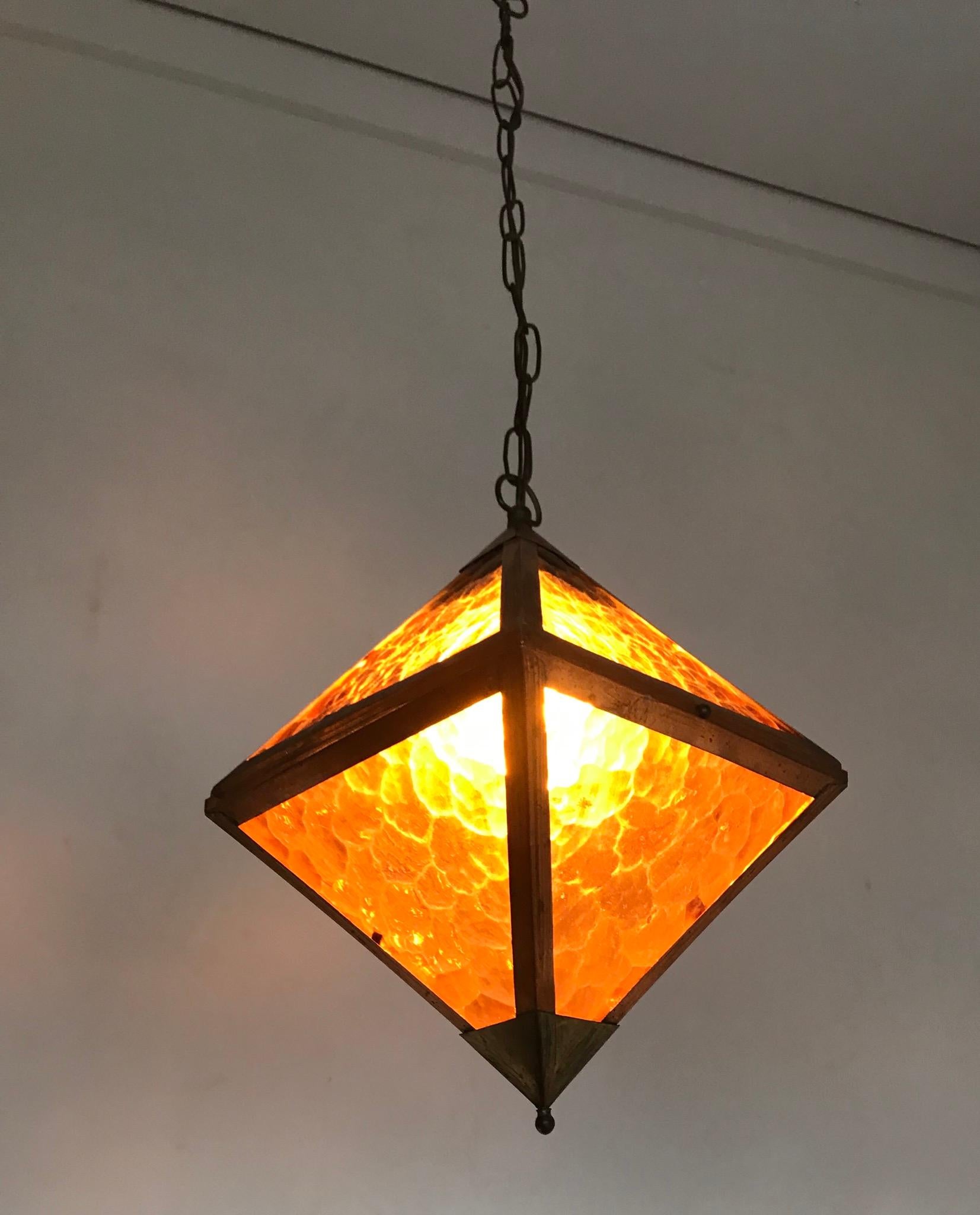 Early 20th Century Arts & Crafts Copper and Glass Cube Shape Pendant Light Lamp 5