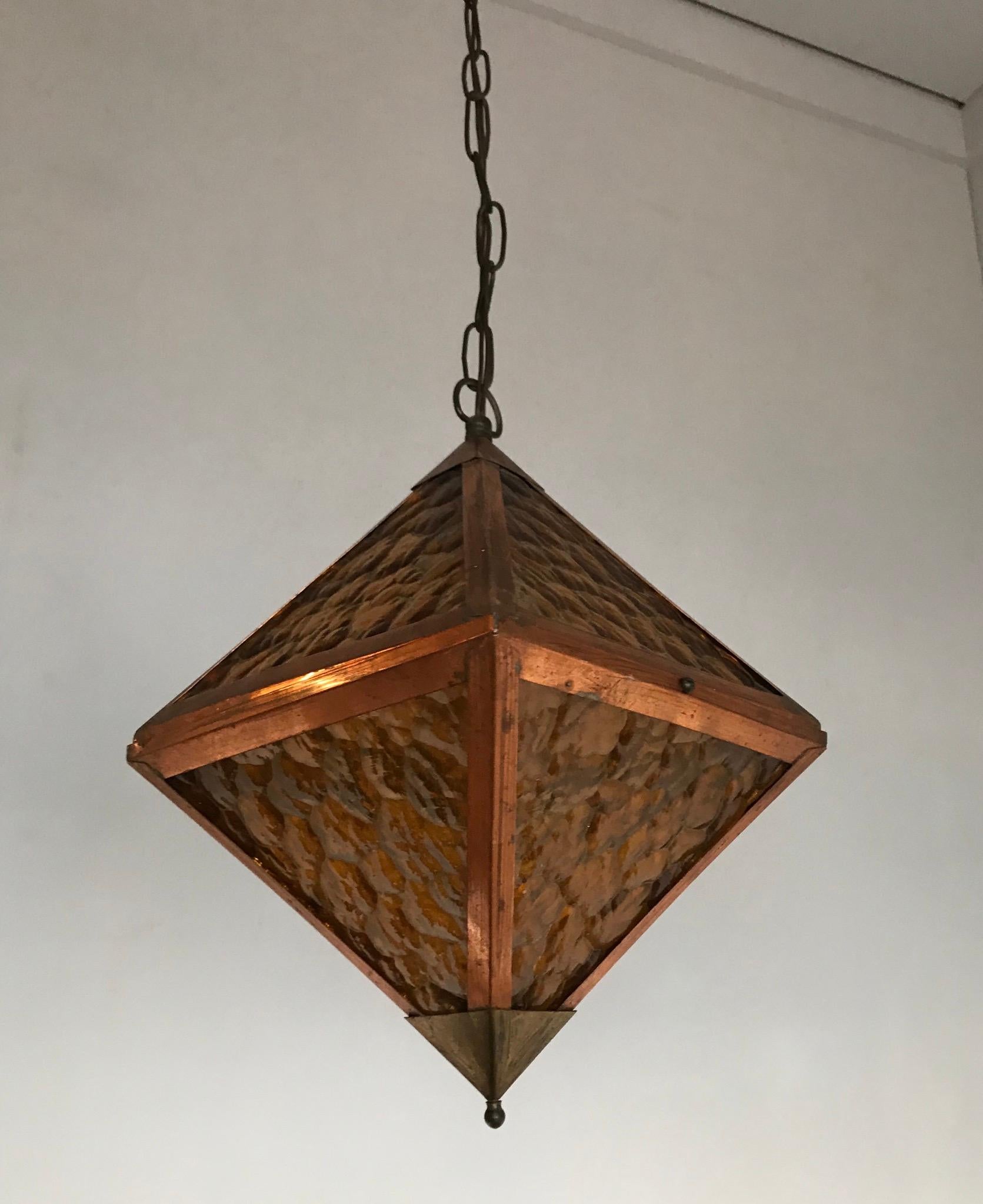 Early 20th Century Arts & Crafts Copper and Glass Cube Shape Pendant Light Lamp 6
