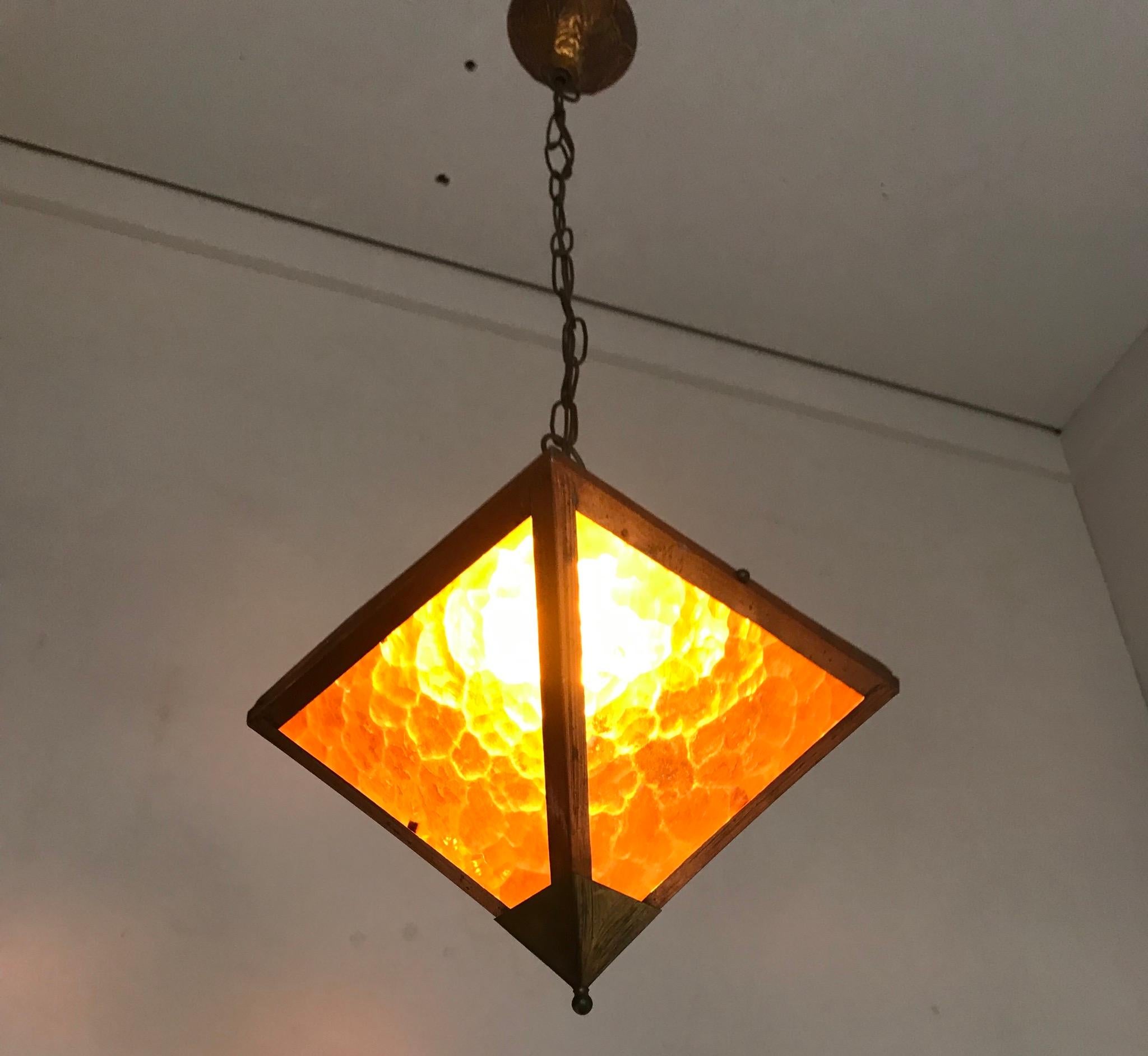 Early 20th Century Arts & Crafts Copper and Glass Cube Shape Pendant Light Lamp 7