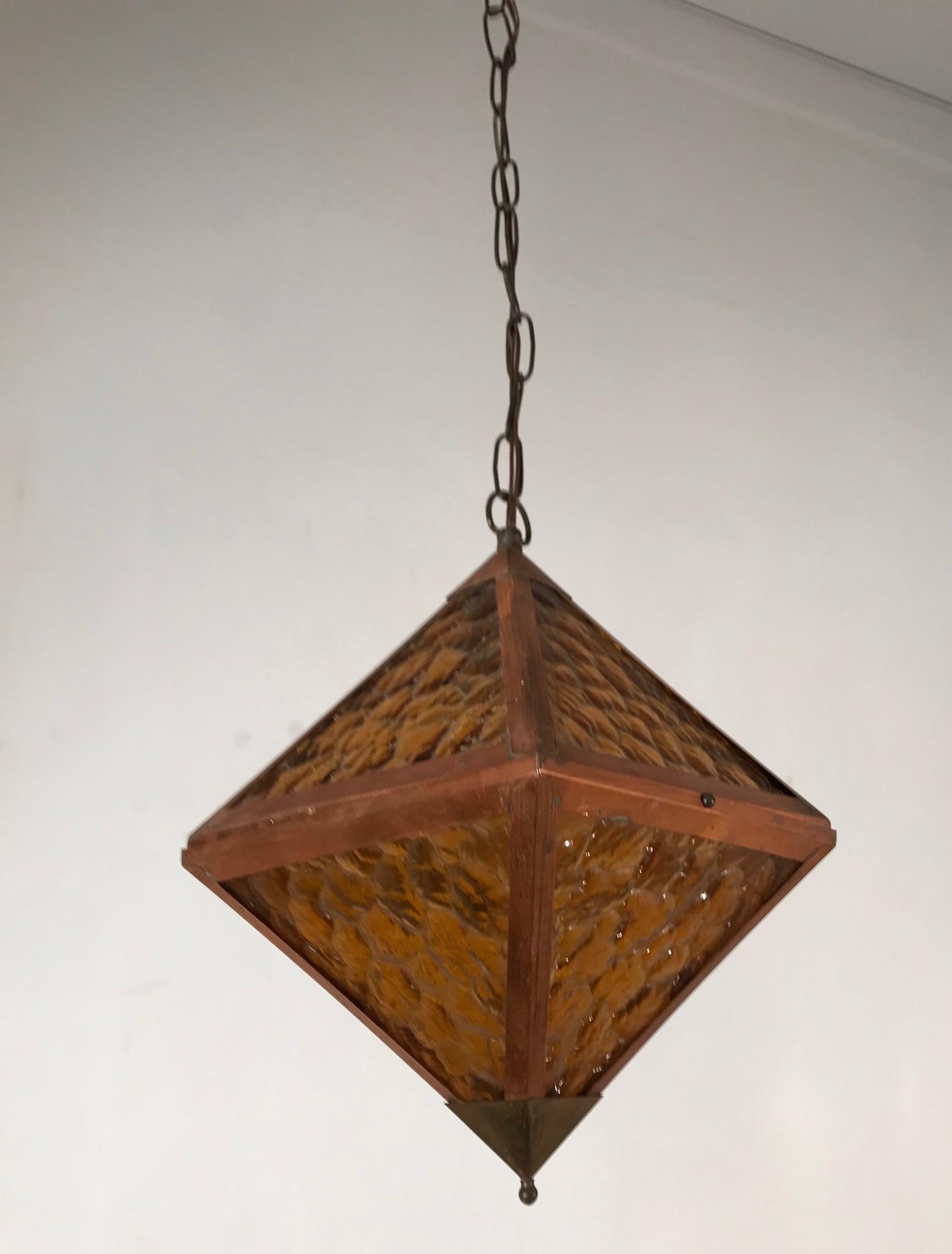 Early 20th Century Arts & Crafts Copper and Glass Cube Shape Pendant Light Lamp 8