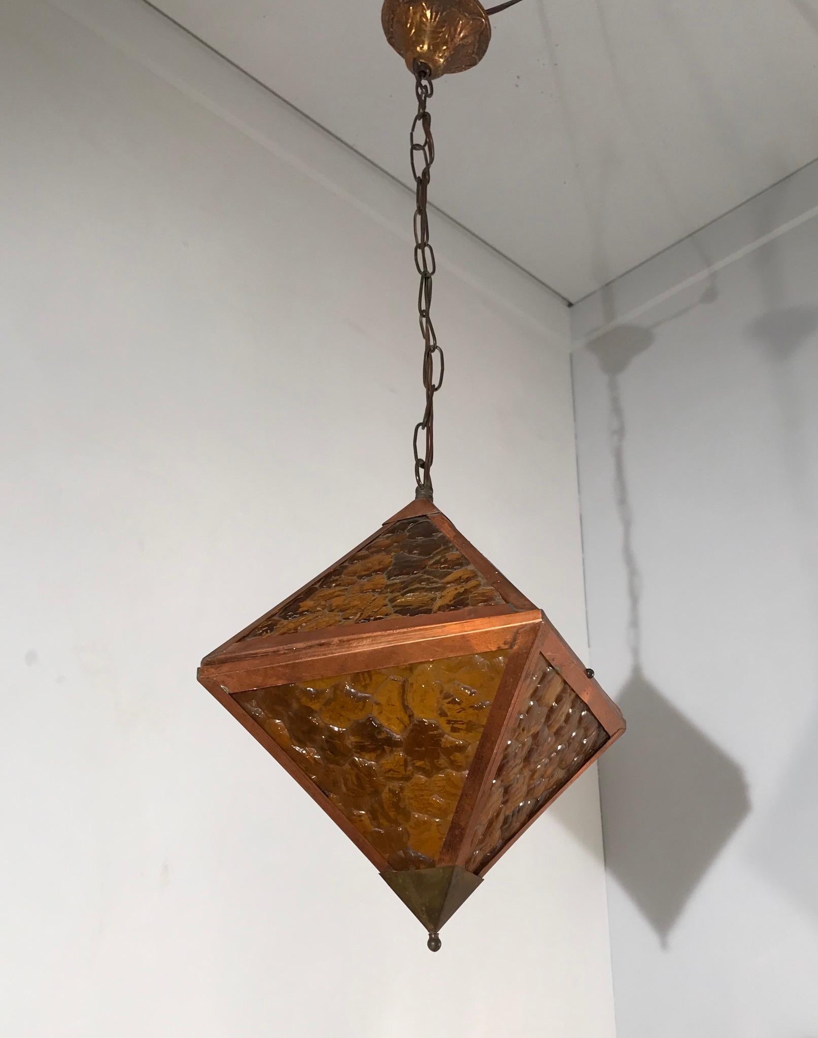 Early 20th Century Arts & Crafts Copper and Glass Cube Shape Pendant Light Lamp 12