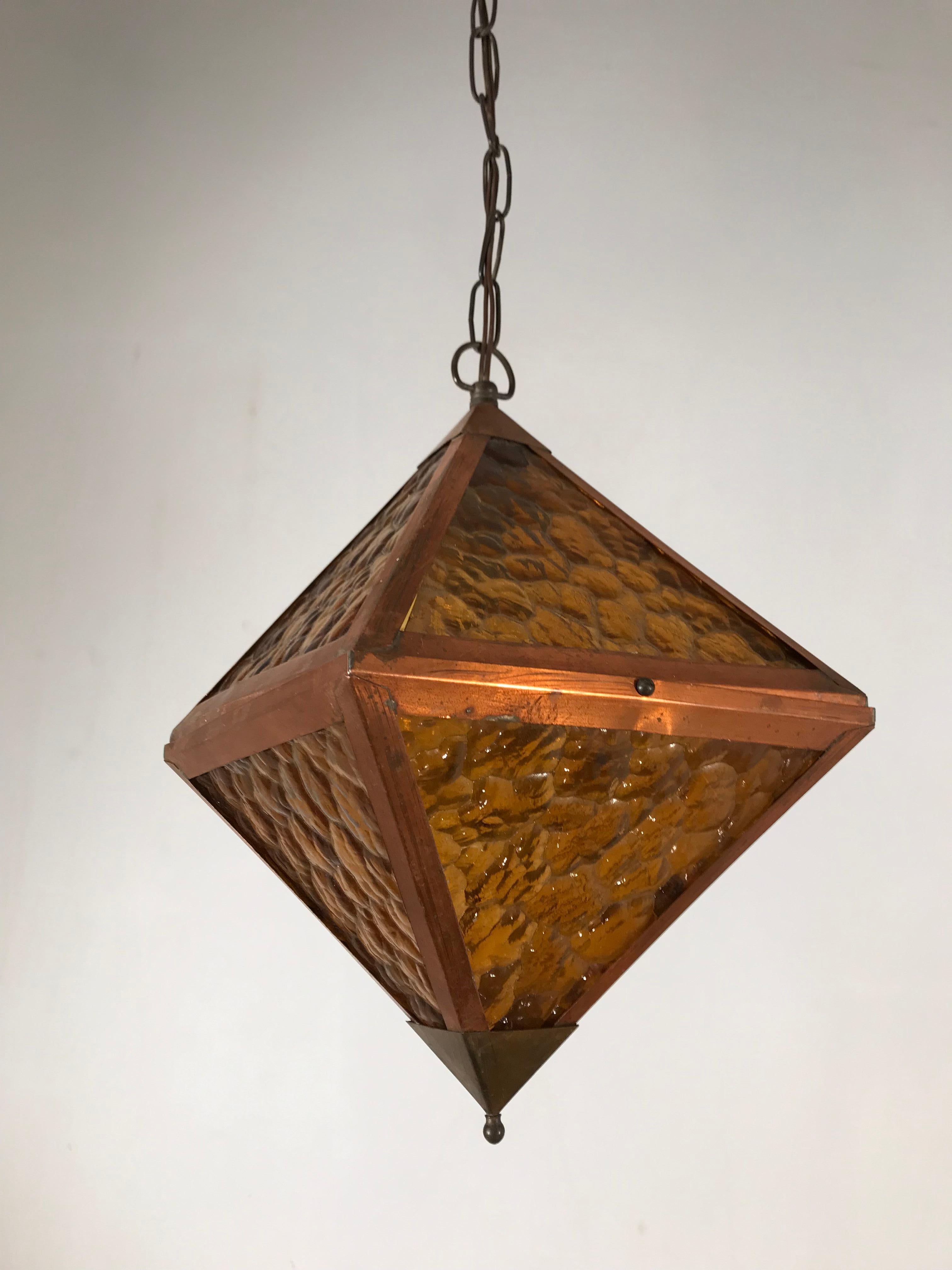 Hand-Crafted Early 20th Century Arts & Crafts Copper and Glass Cube Shape Pendant Light Lamp