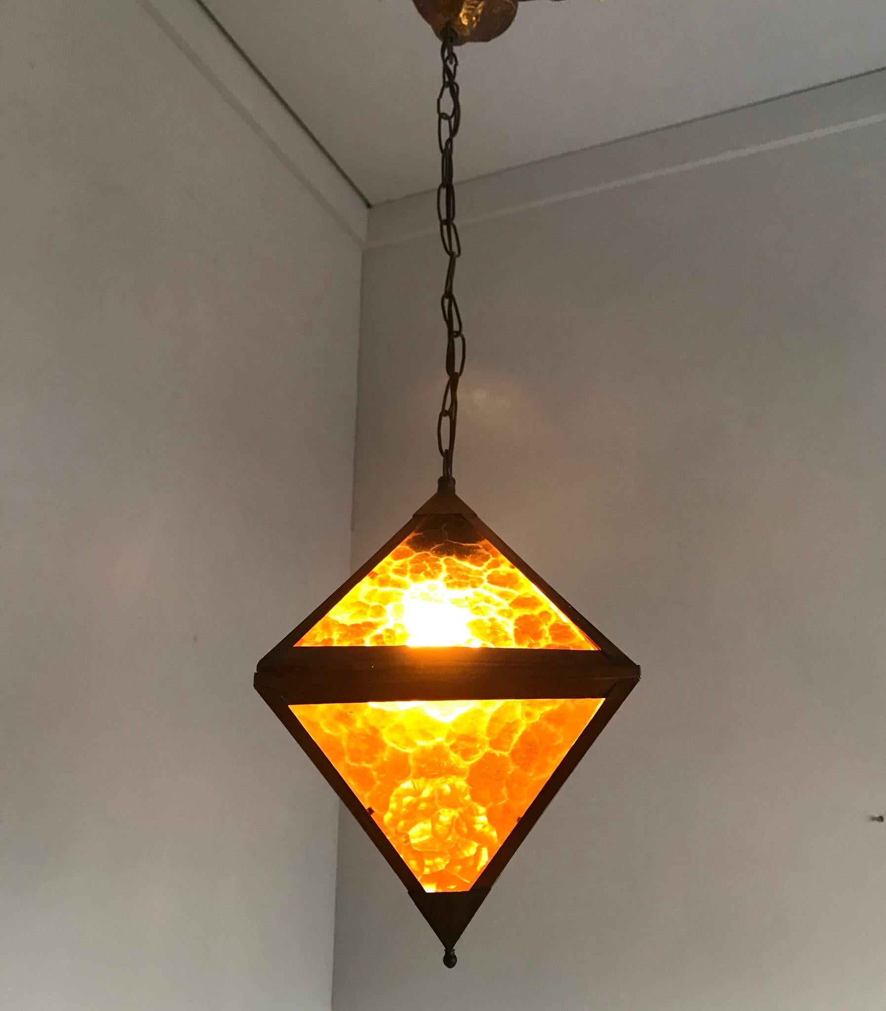Brass Early 20th Century Arts & Crafts Copper and Glass Cube Shape Pendant Light Lamp