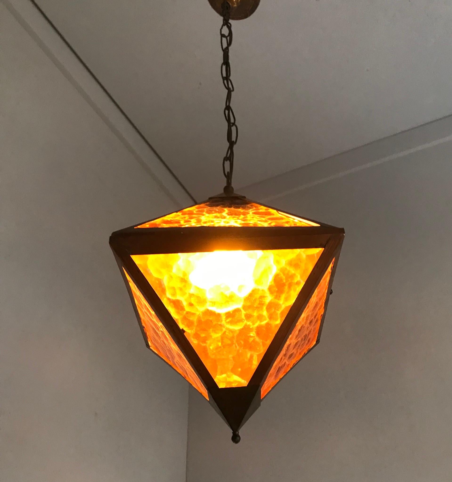Early 20th Century Arts & Crafts Copper and Glass Cube Shape Pendant Light Lamp 1