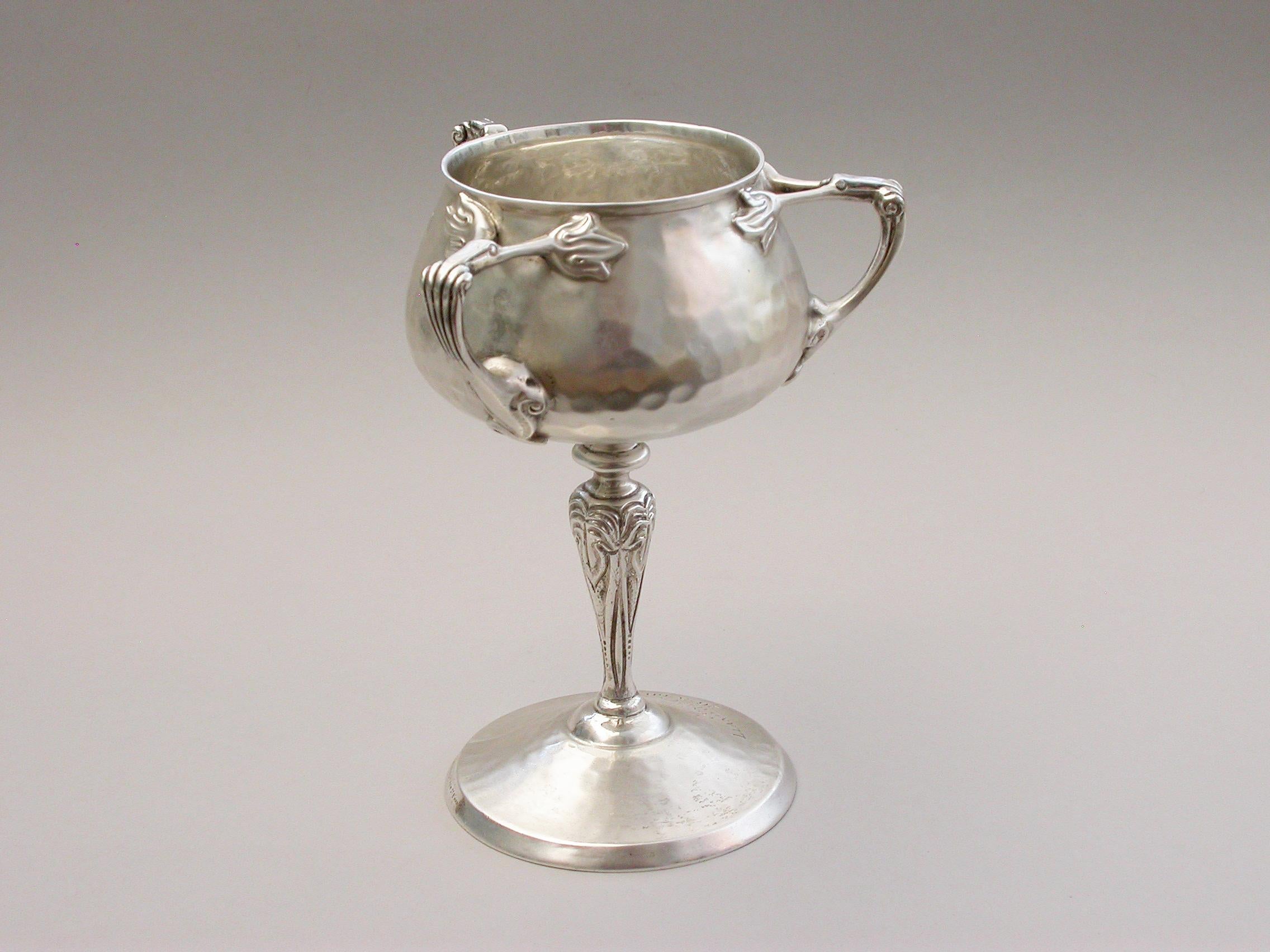 English Early 20th Century Arts & Crafts Hammered Silver 3-Handled Cup, 1904