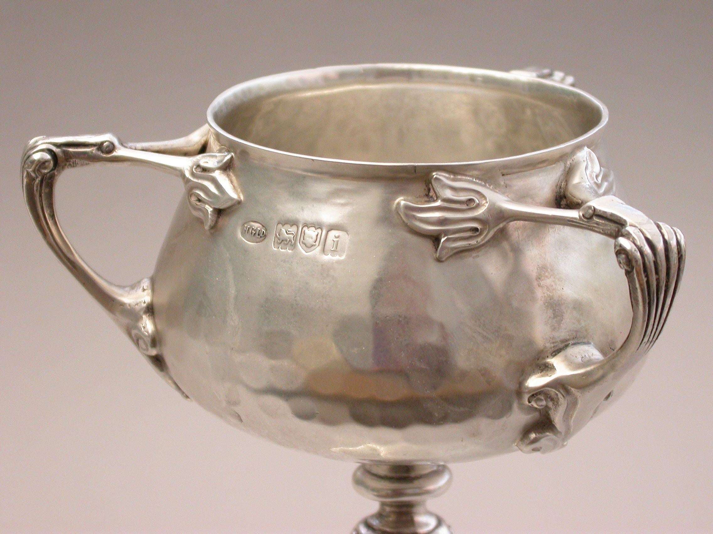 Early 20th Century Arts & Crafts Hammered Silver 3-Handled Cup, 1904 1