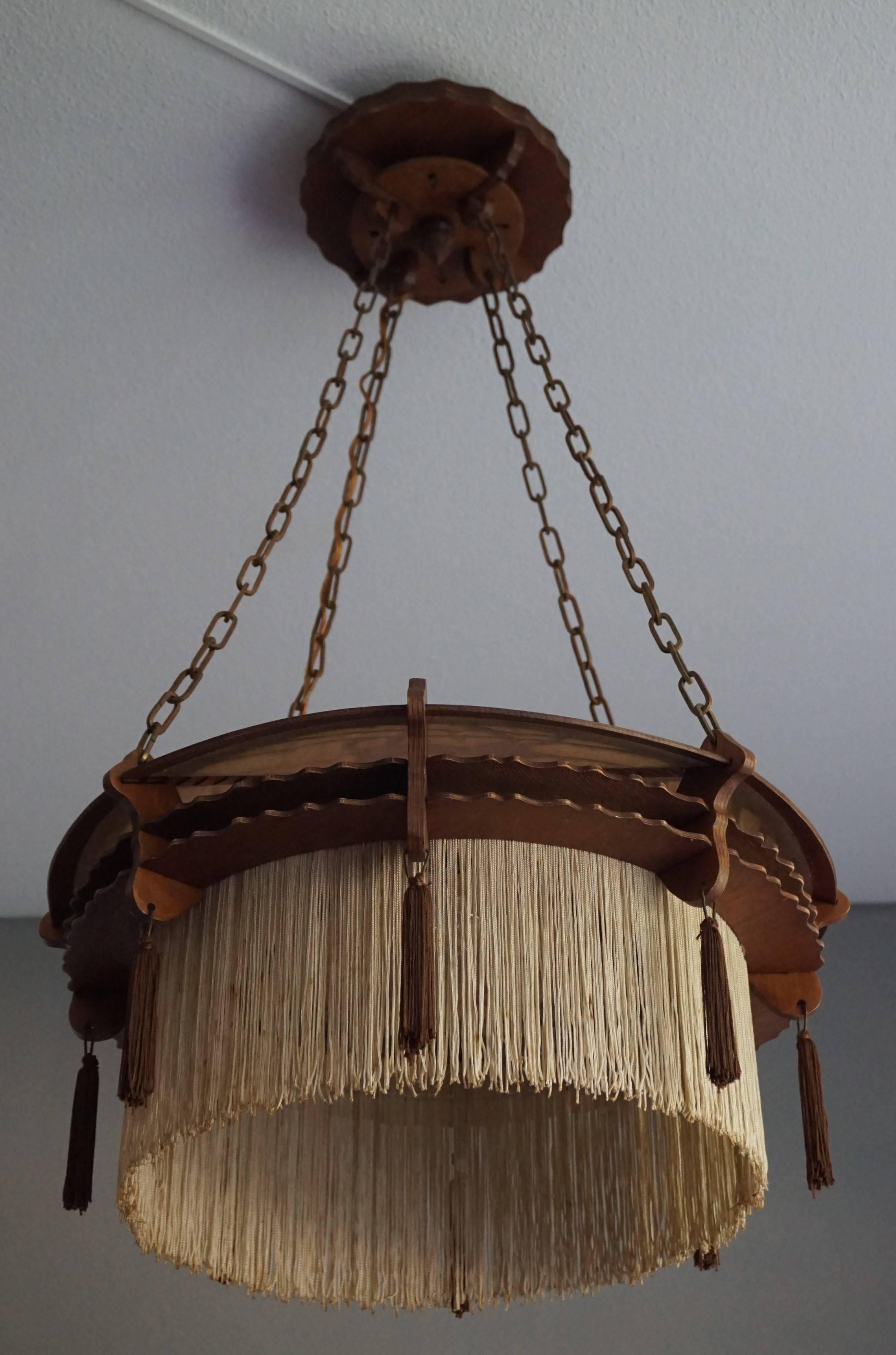 Early 20th Century Arts & Crafts Handsawn Wooden Pendant with Tassels & Fringes 6