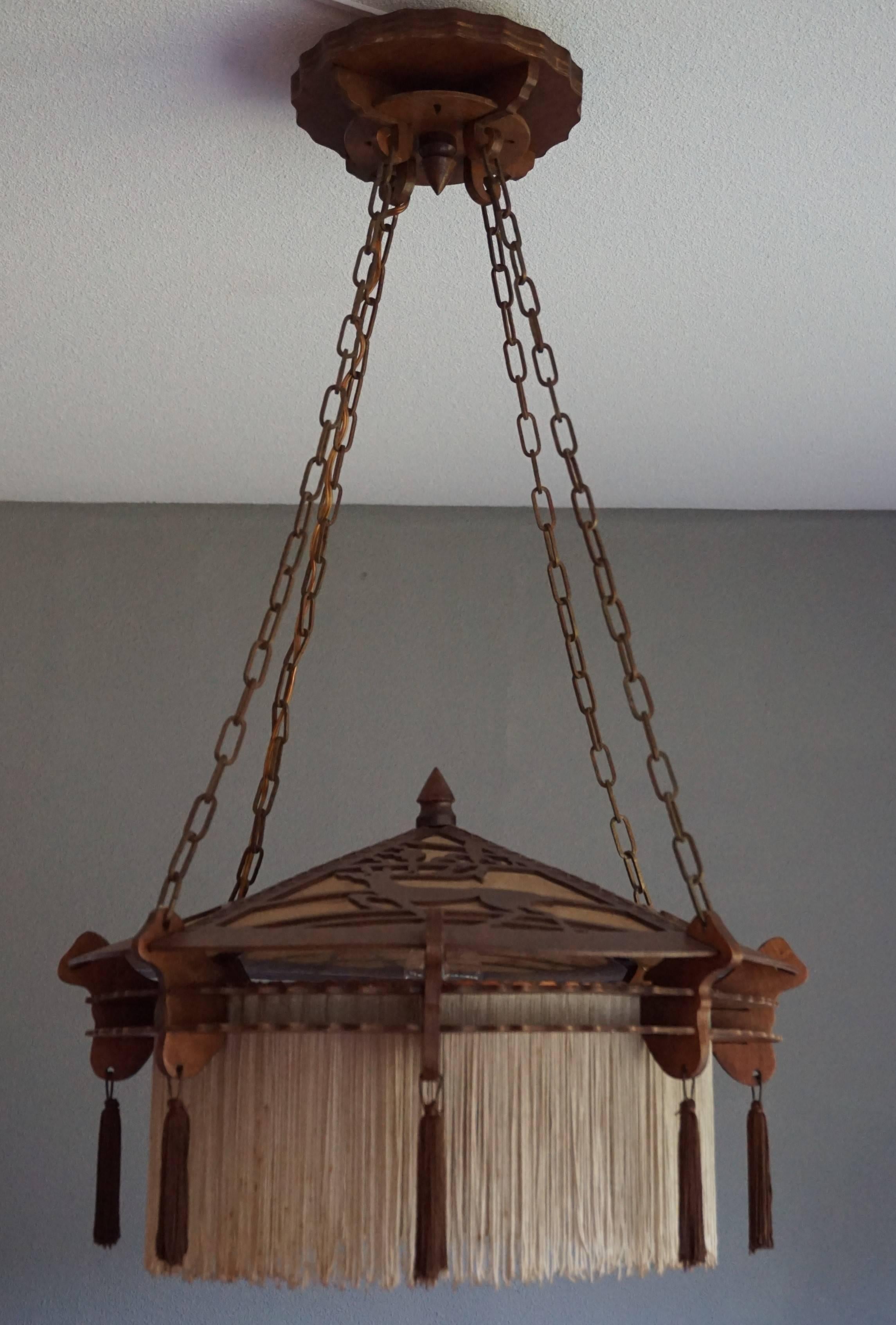 Early 20th Century Arts & Crafts Handsawn Wooden Pendant with Tassels & Fringes 11