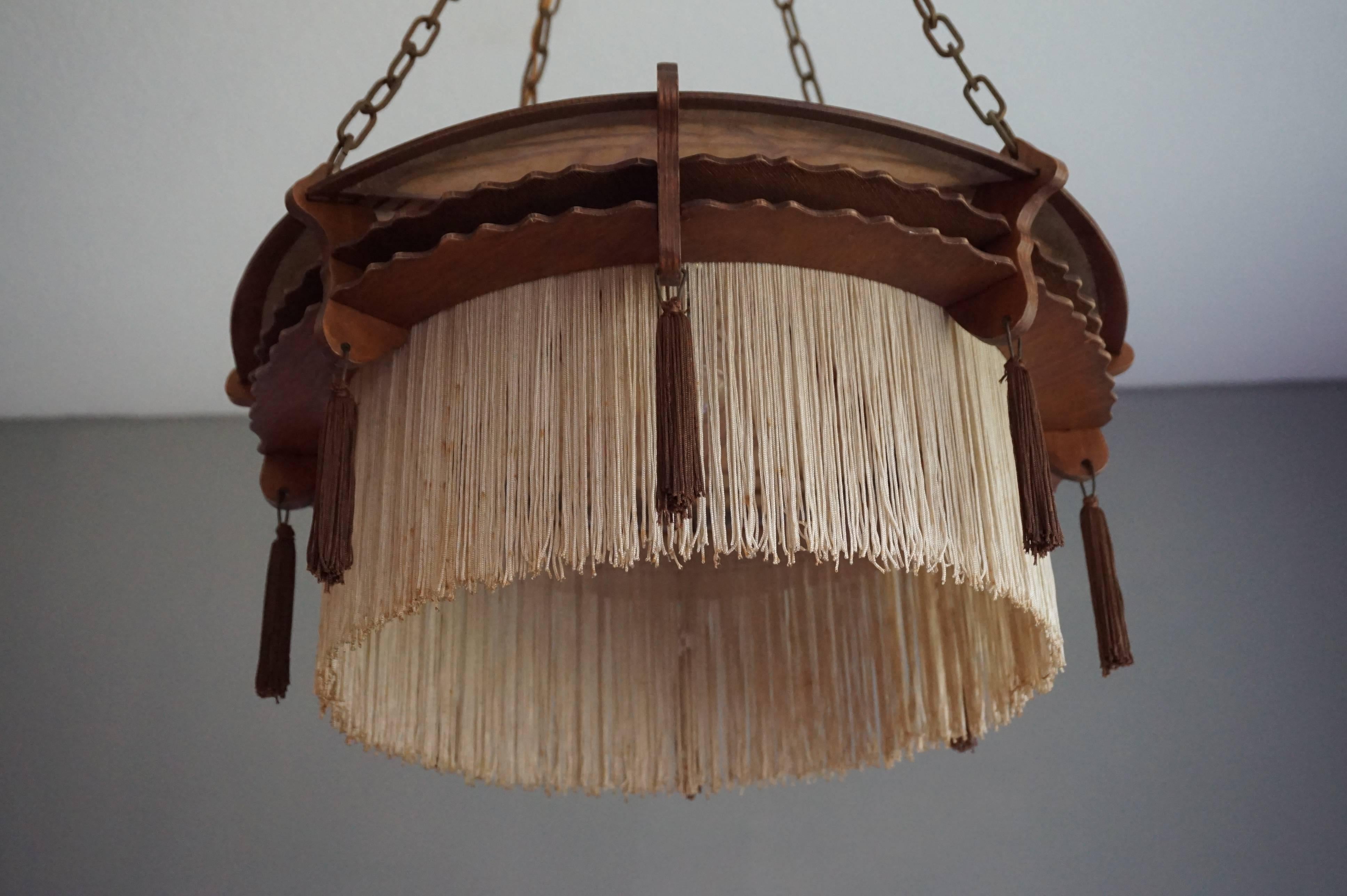 Hand-Crafted Early 20th Century Arts & Crafts Handsawn Wooden Pendant with Tassels & Fringes