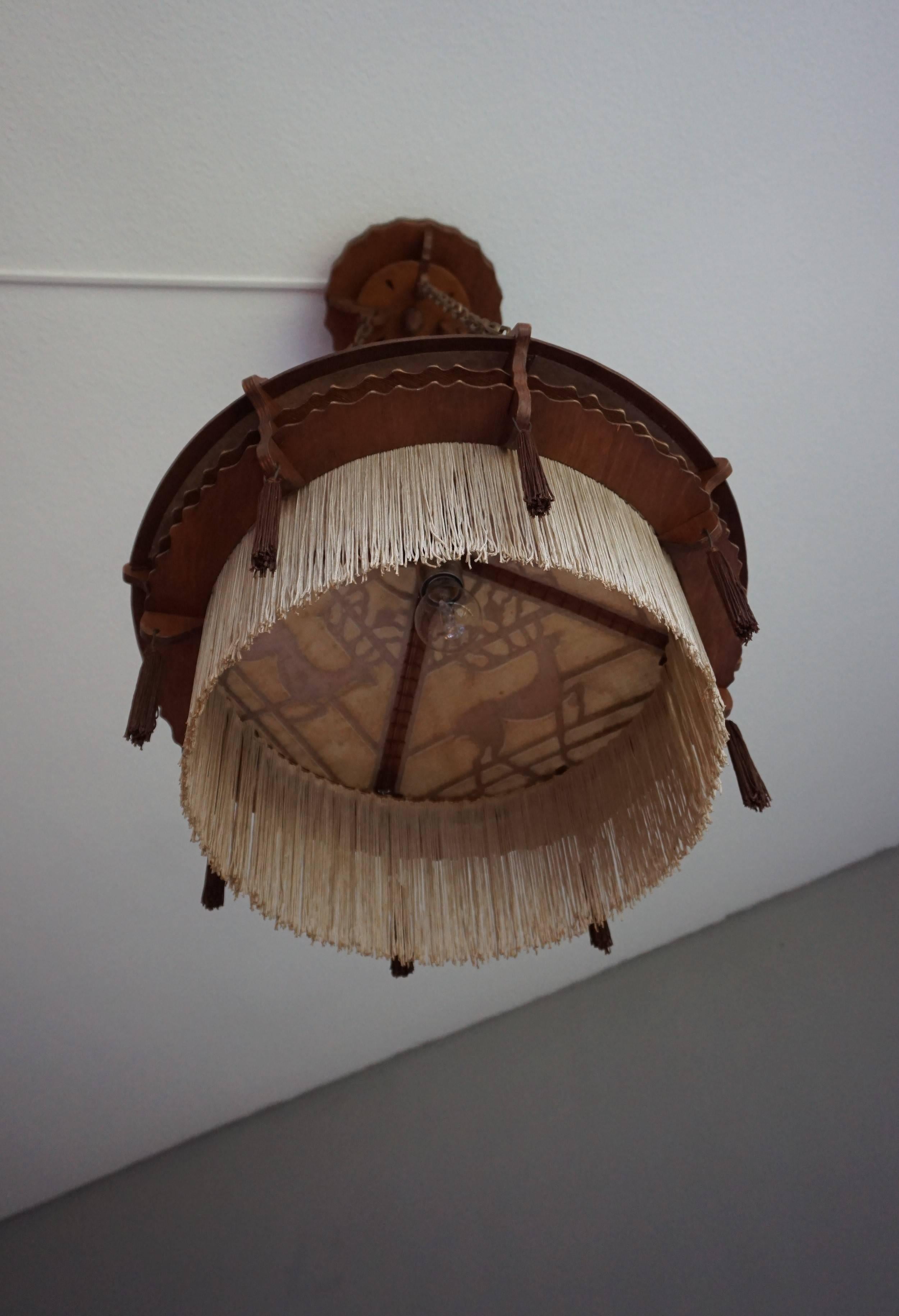 Early 20th Century Arts & Crafts Handsawn Wooden Pendant with Tassels & Fringes 2