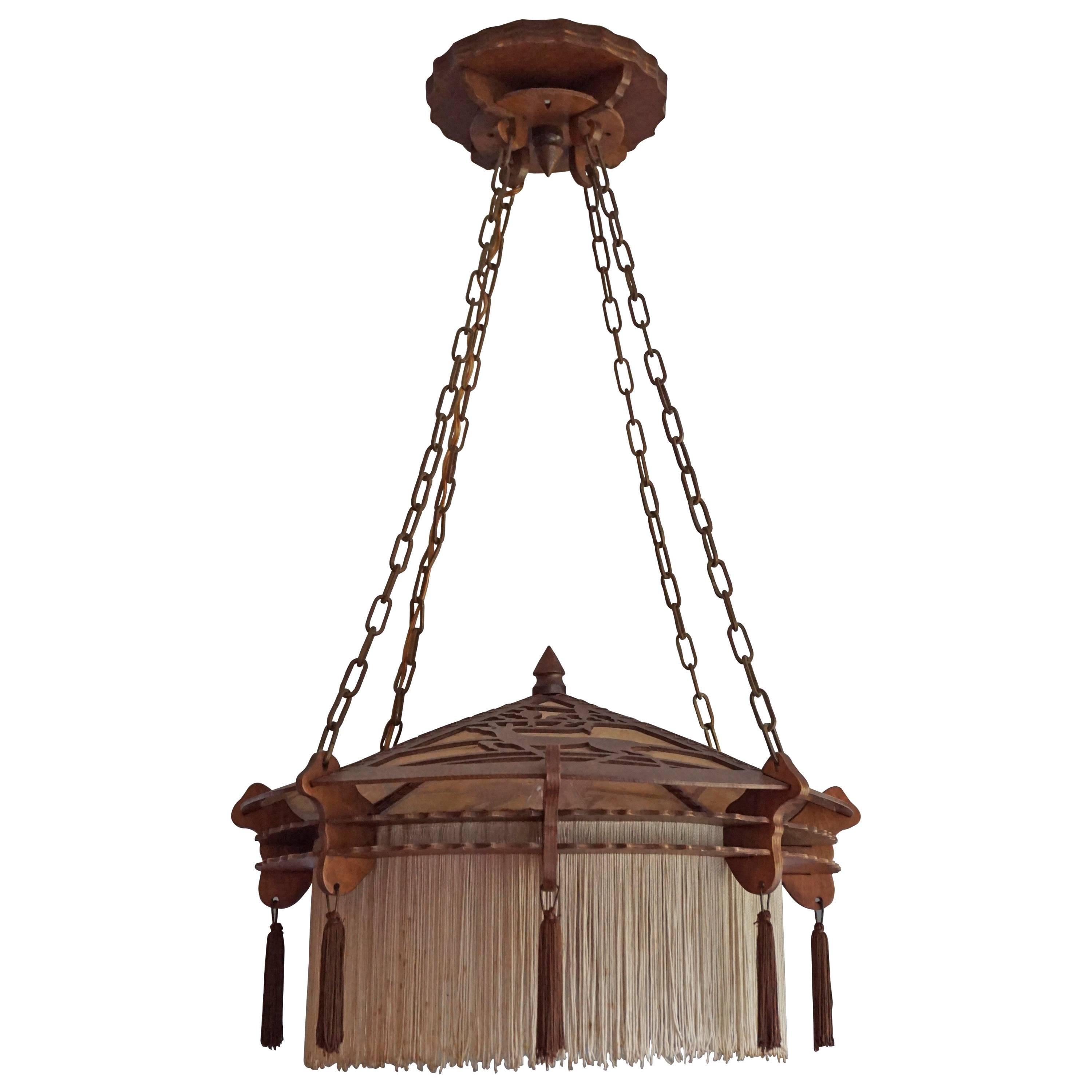 Early 20th Century Arts & Crafts Handsawn Wooden Pendant with Tassels & Fringes