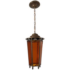 Early 20th Century Arts 
Crafts Long Shape Orange Amber Lantern Lamp Pendant