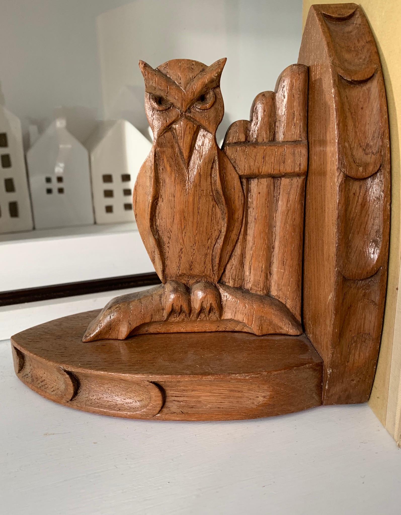 European Early 20th Century Arts & Crafts Period Gothic Revival Owl Bookends / Stand