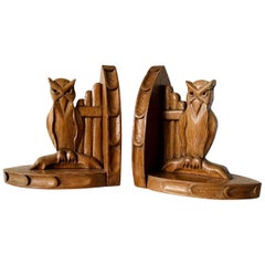 Antique Early 20th Century Arts & Crafts Period Gothic Revival Owl Bookends / Stand