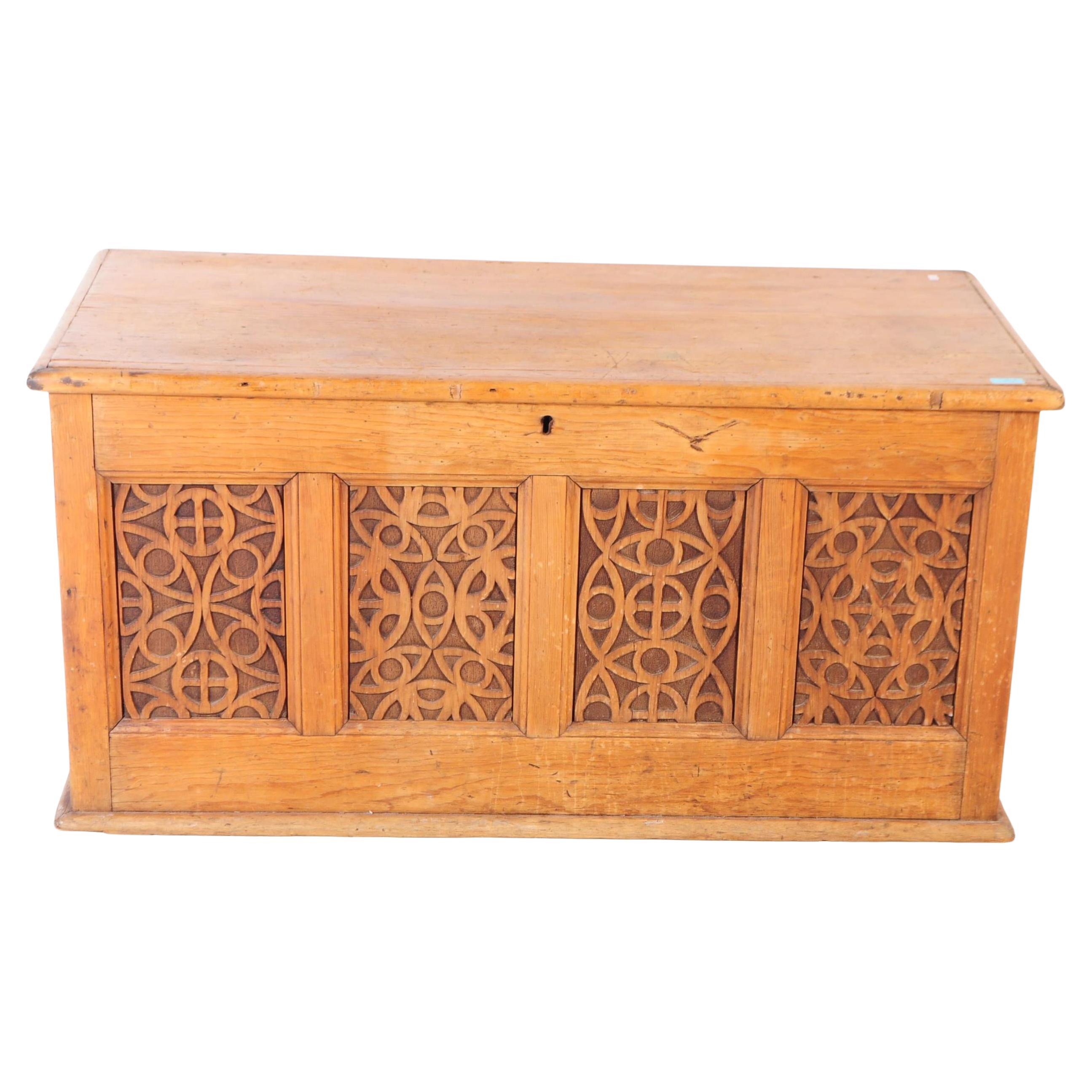 Early 20th Century Arts & Crafts Pine Blanket Chest Carved with Inset Panels