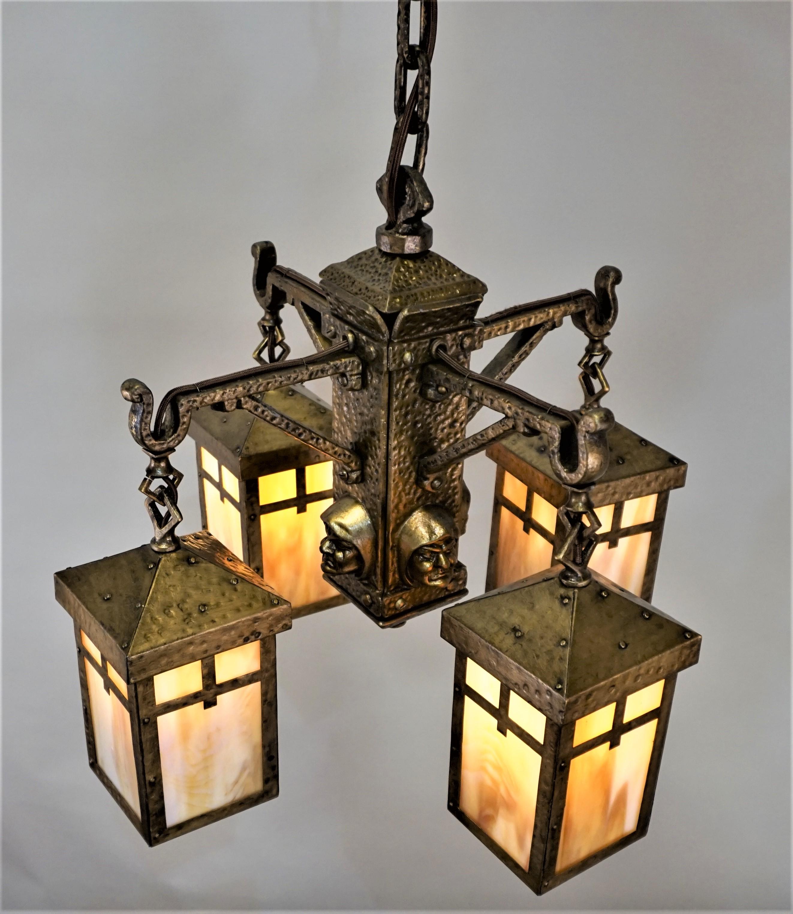 Arts and Crafts Early 20th Century Arts & Crafts Slag Glass Chandelier by Bradley & Hubbard