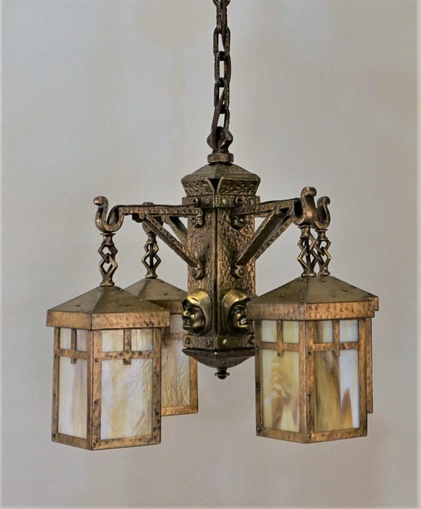 Early 20th Century Arts & Crafts Slag Glass Chandelier by Bradley & Hubbard In Good Condition In Fairfax, VA