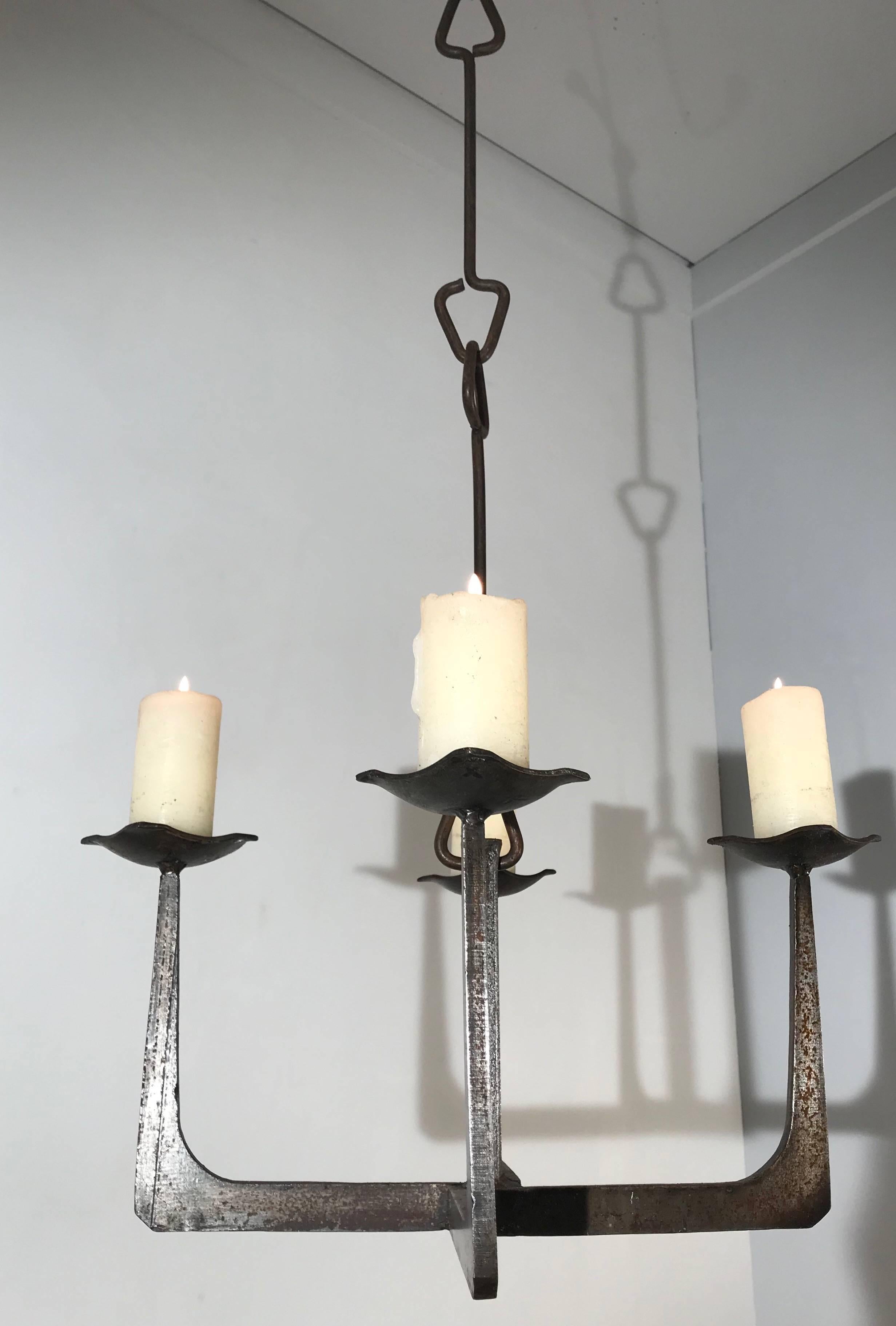 Early 20th Century Arts & Crafts Wrought Iron Candle Lamp Four Candle Chandelier 10