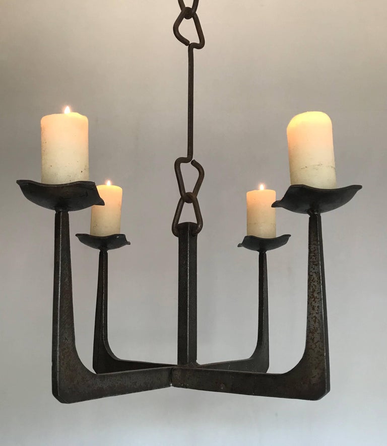 Early 20th Century Arts and Crafts Wrought Iron Candle Lamp Four Candle Chandelier at 1stDibs